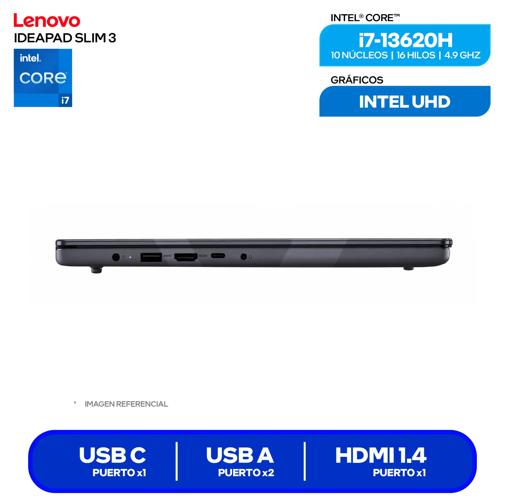 Laptop Lenovo IdeaPad Slim 3 (83K101EVLM) Intel Core i7-13620, RAM 16GB, SSD 512GB, 15.3'' FHD+ Táctil , FreeDos