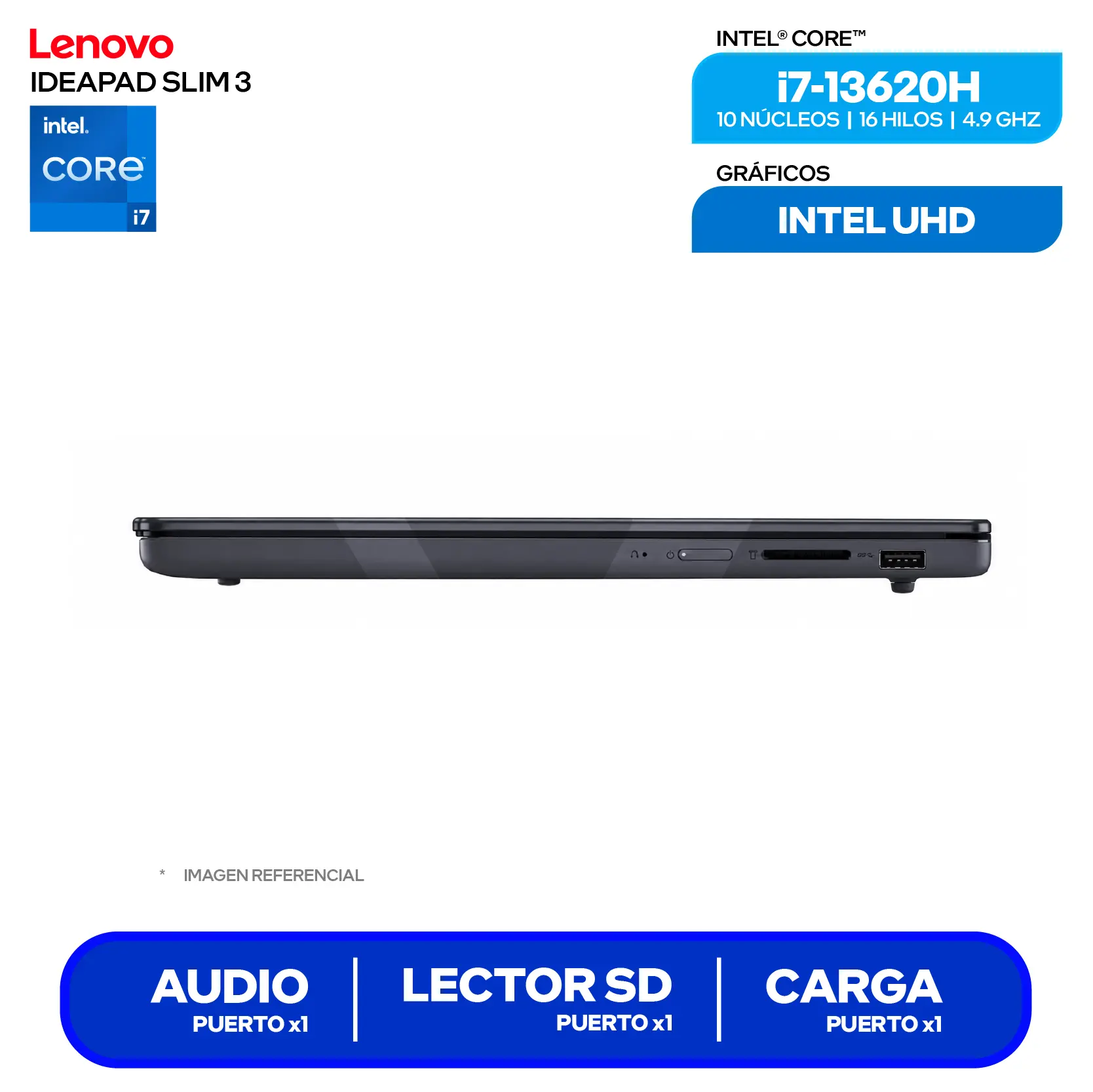 Laptop Lenovo IdeaPad Slim 3 (83K101EVLM) Intel Core i7-13620, RAM 16GB, SSD 512GB, 15.3'' FHD+ Táctil , FreeDos