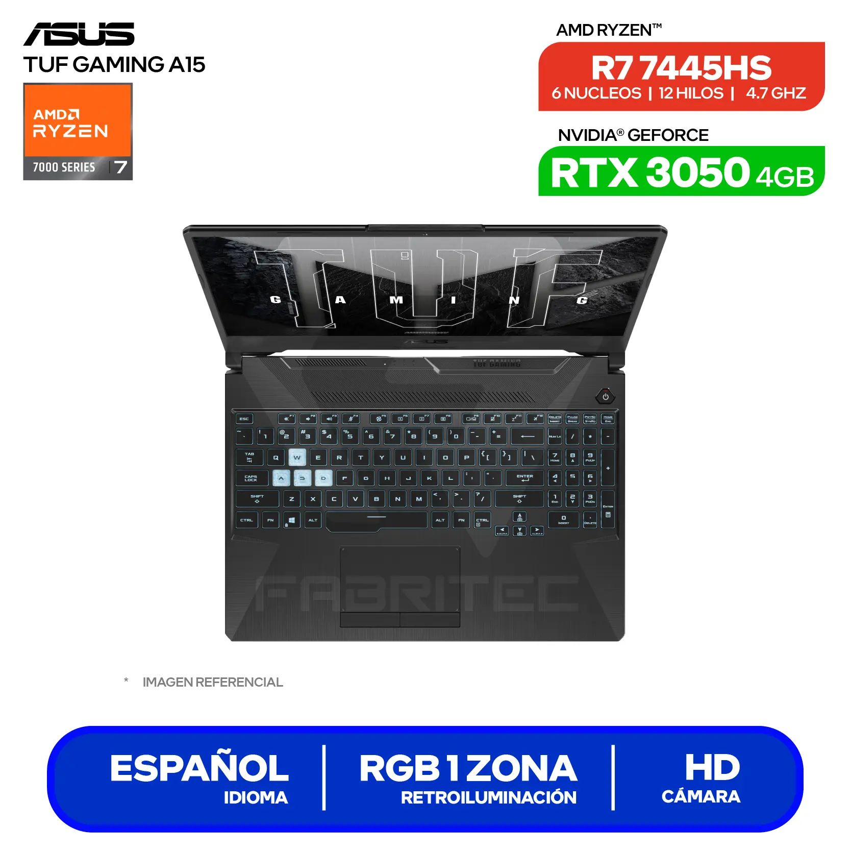 Laptop Asus Tuf Gaming A15 FA506NCG-HN194 (90NR0JF7-M00P70) AMD Ryzen 7 7445HS, GeForce RTX 3050 4GB, RAM 16GB, SSD 512GB, 15.6'' FHD, FreeDos