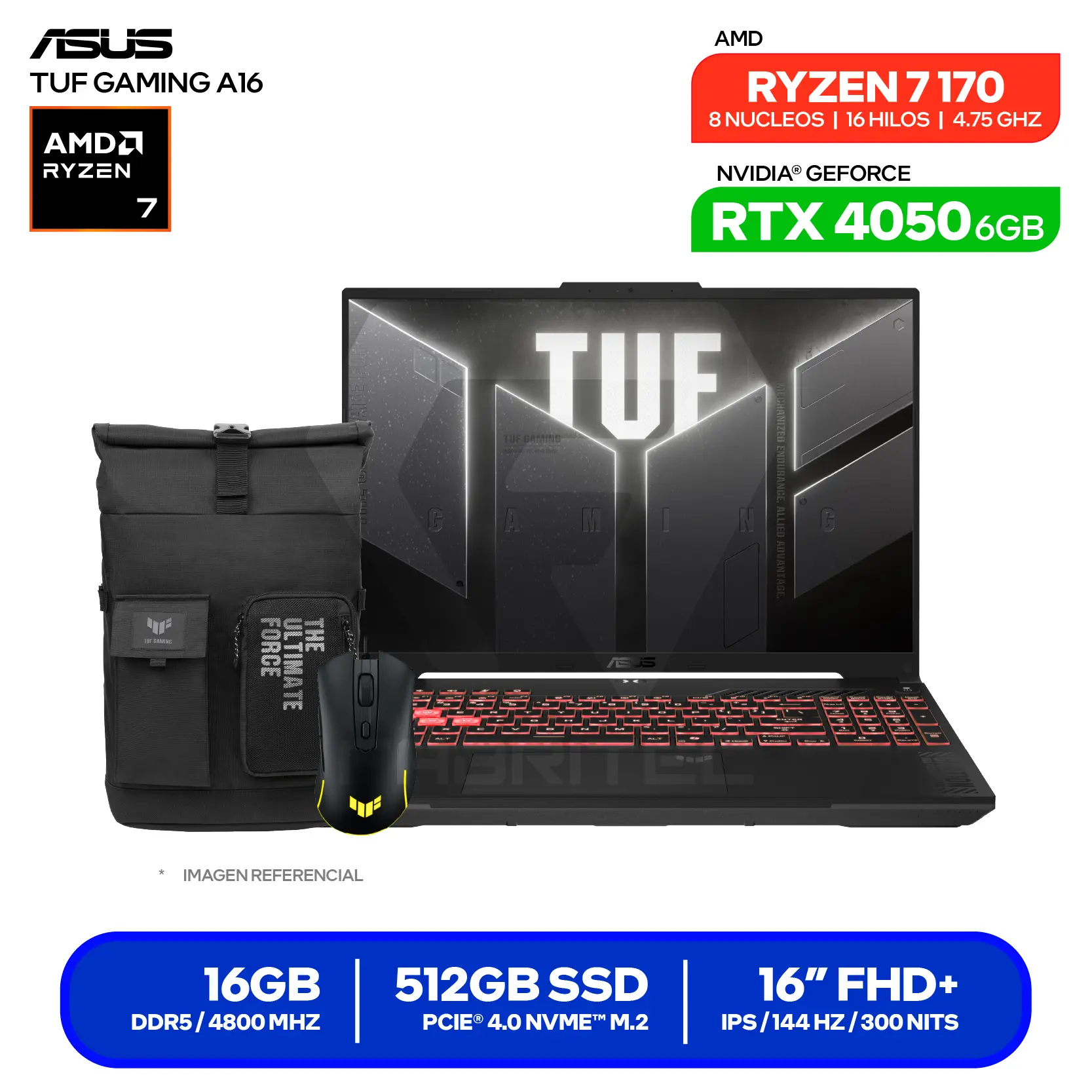 Laptop Asus Tuf Gaming A16 FA607NUQ-RL015 (90NR0QF3-M000W0) AMD Ryzen 7 170, GeForce RTX 4050 6GB, RAM 16GB, SSD 512GB, 16'' FHD+, FreeDos