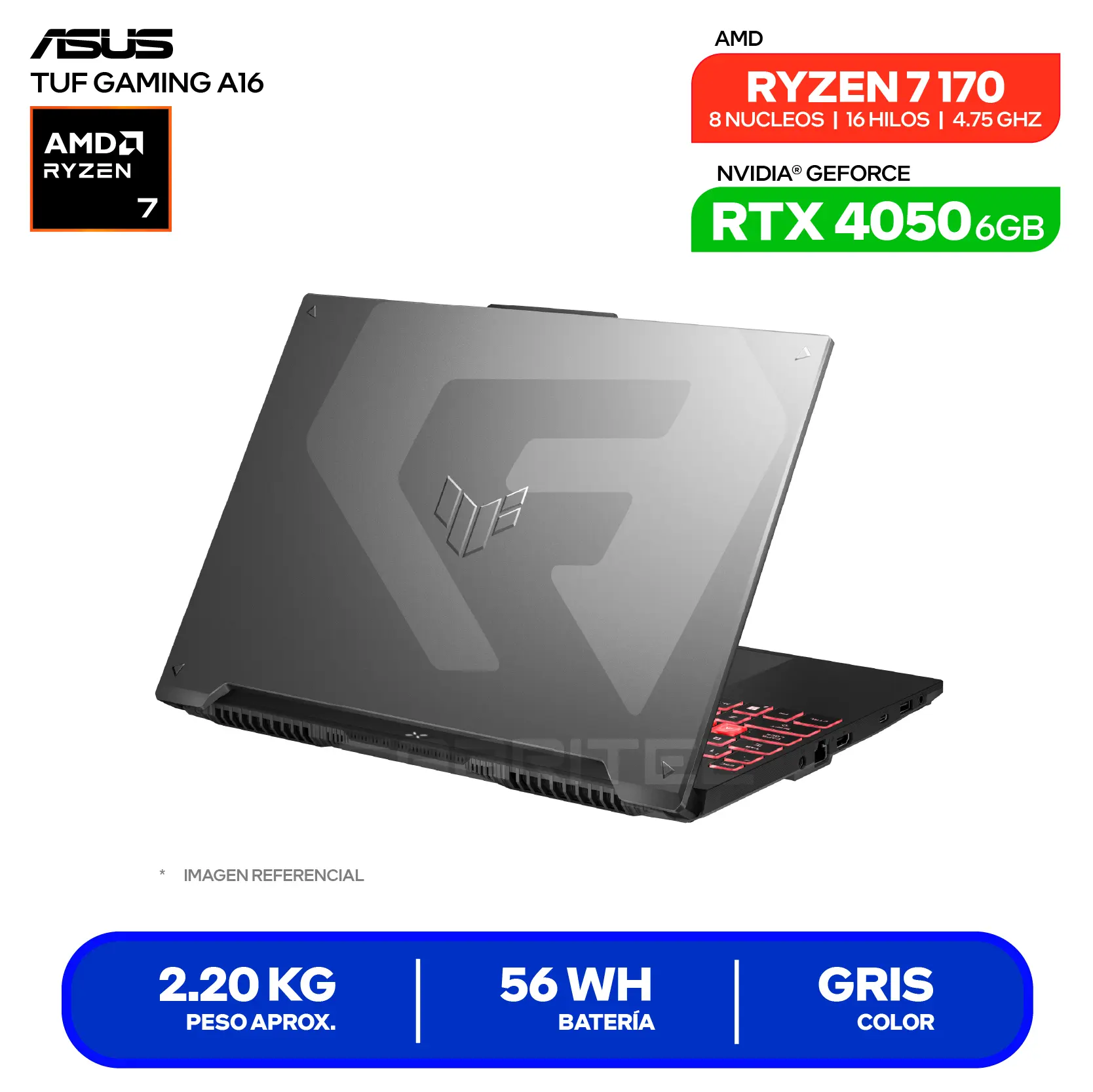 Laptop Asus Tuf Gaming A16 FA607NUQ-RL015 (90NR0QF3-M000W0) AMD Ryzen 7 170, GeForce RTX 4050 6GB, RAM 16GB, SSD 512GB, 16'' FHD+, FreeDos