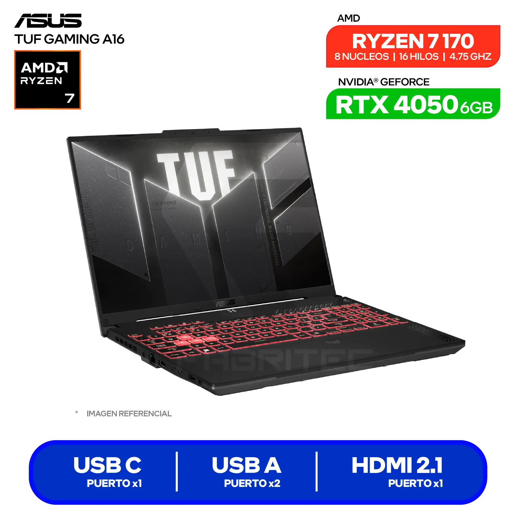 Laptop Asus Tuf Gaming A16 FA607NUQ-RL015 (90NR0QF3-M000W0) AMD Ryzen 7 170, GeForce RTX 4050 6GB, RAM 16GB, SSD 512GB, 16'' FHD+, FreeDos