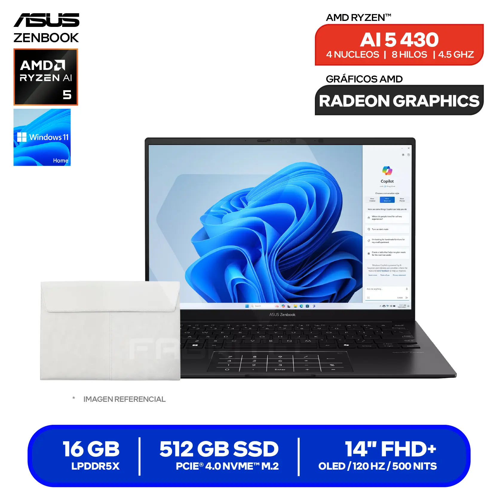 Laptop Asus Zenbook UM3406GA-QD047W (90NB17R1-M001Z0) AMD Ryzen AI 5 430, RAM 16GB, SSD 512GB, 14'' FHD+ Oled, Windows 11
