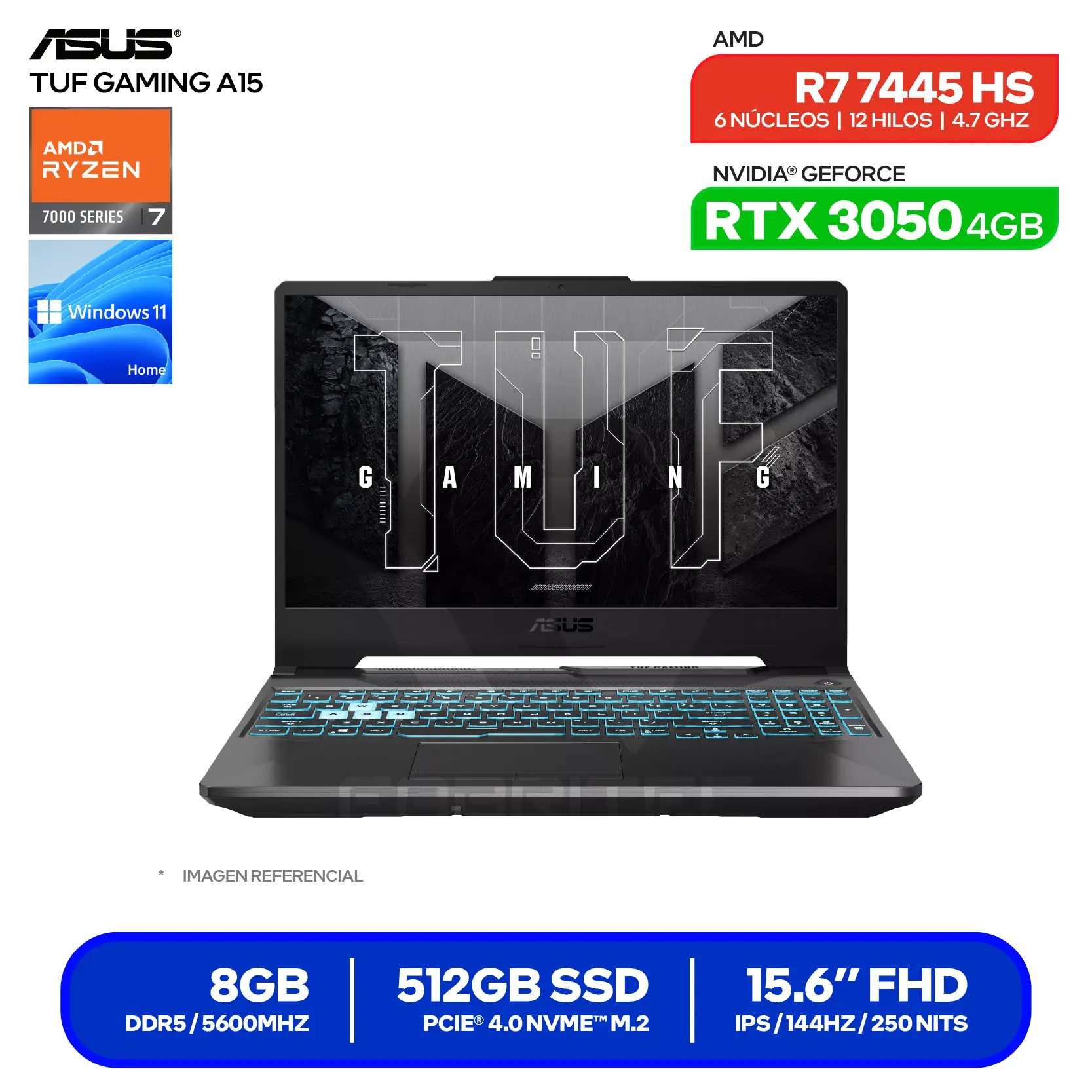 Laptop Asus Tuf Gaming A15 FA506NCG-HN187W (90NR0JF7-M00FW0) AMD Ryzen 7 7445HS, GeForce RTX 3050 4GB, RAM 8GB, SSD 512GB, 15.6'' FHD, Windows 11 Home