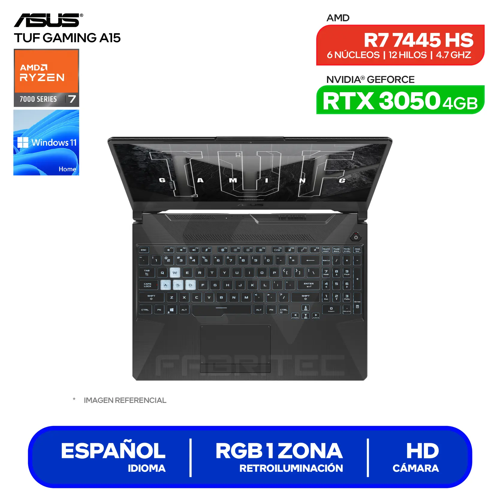 Laptop Asus Tuf Gaming A15 FA506NCG-HN187W (90NR0JF7-M00FW0) AMD Ryzen 7 7445HS, GeForce RTX 3050 4GB, RAM 8GB, SSD 512GB, 15.6'' FHD, Windows 11 Home
