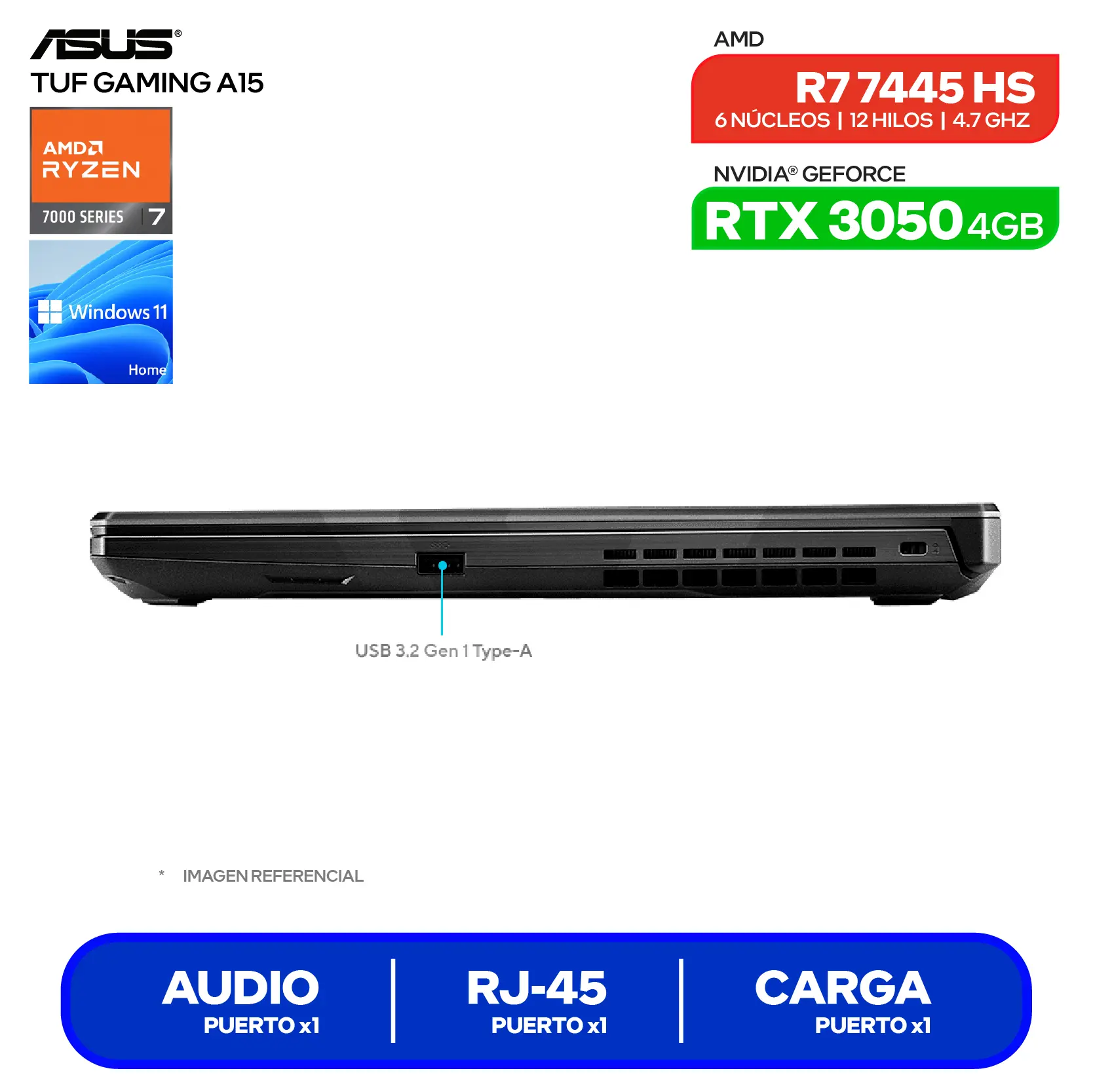 Laptop Asus Tuf Gaming A15 FA506NCG-HN187W (90NR0JF7-M00FW0) AMD Ryzen 7 7445HS, GeForce RTX 3050 4GB, RAM 8GB, SSD 512GB, 15.6'' FHD, Windows 11 Home