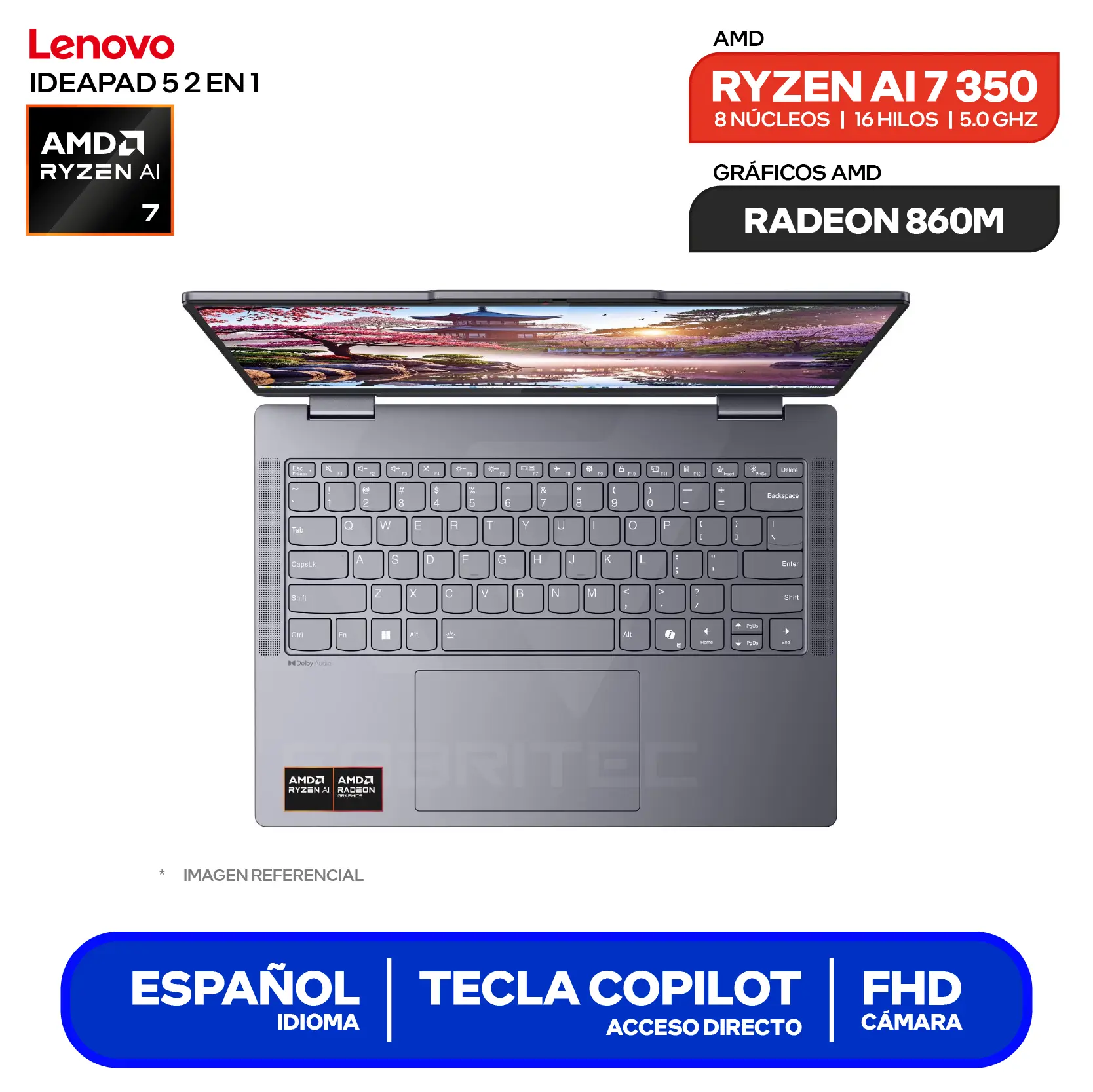 Laptop Lenovo IdeaPad 5 2 en 1 14AKP10 (83KT006NLM) AMD Ryzen AI 7 350, RAM 16GB, SSD 512GB, 14'' FHD+ Táctil C/Lápiz, FreeDos