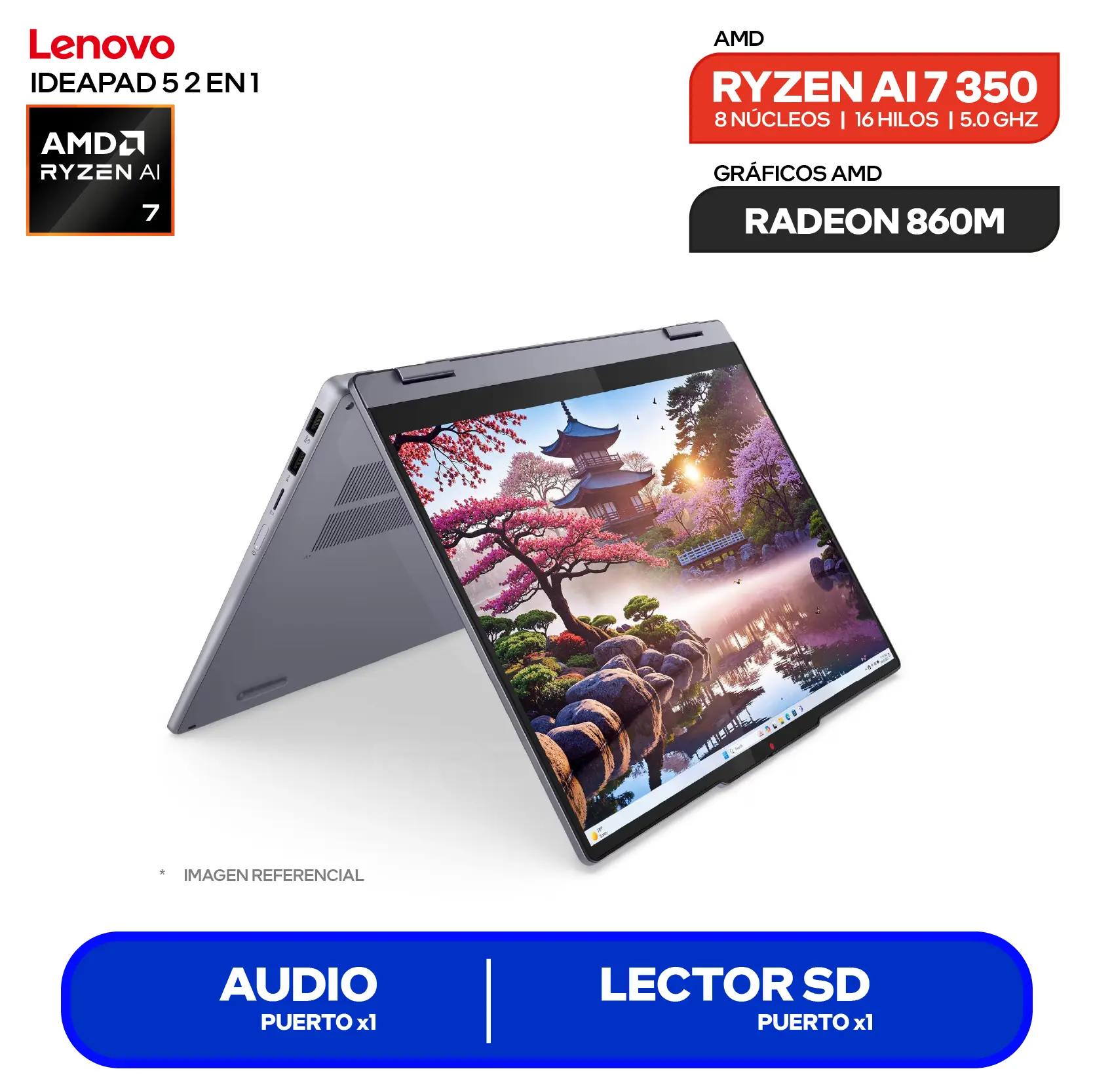 Laptop Lenovo IdeaPad 5 2 en 1 14AKP10 (83KT006NLM) AMD Ryzen AI 7 350, RAM 16GB, SSD 512GB, 14'' FHD+ Táctil C/Lápiz, FreeDos