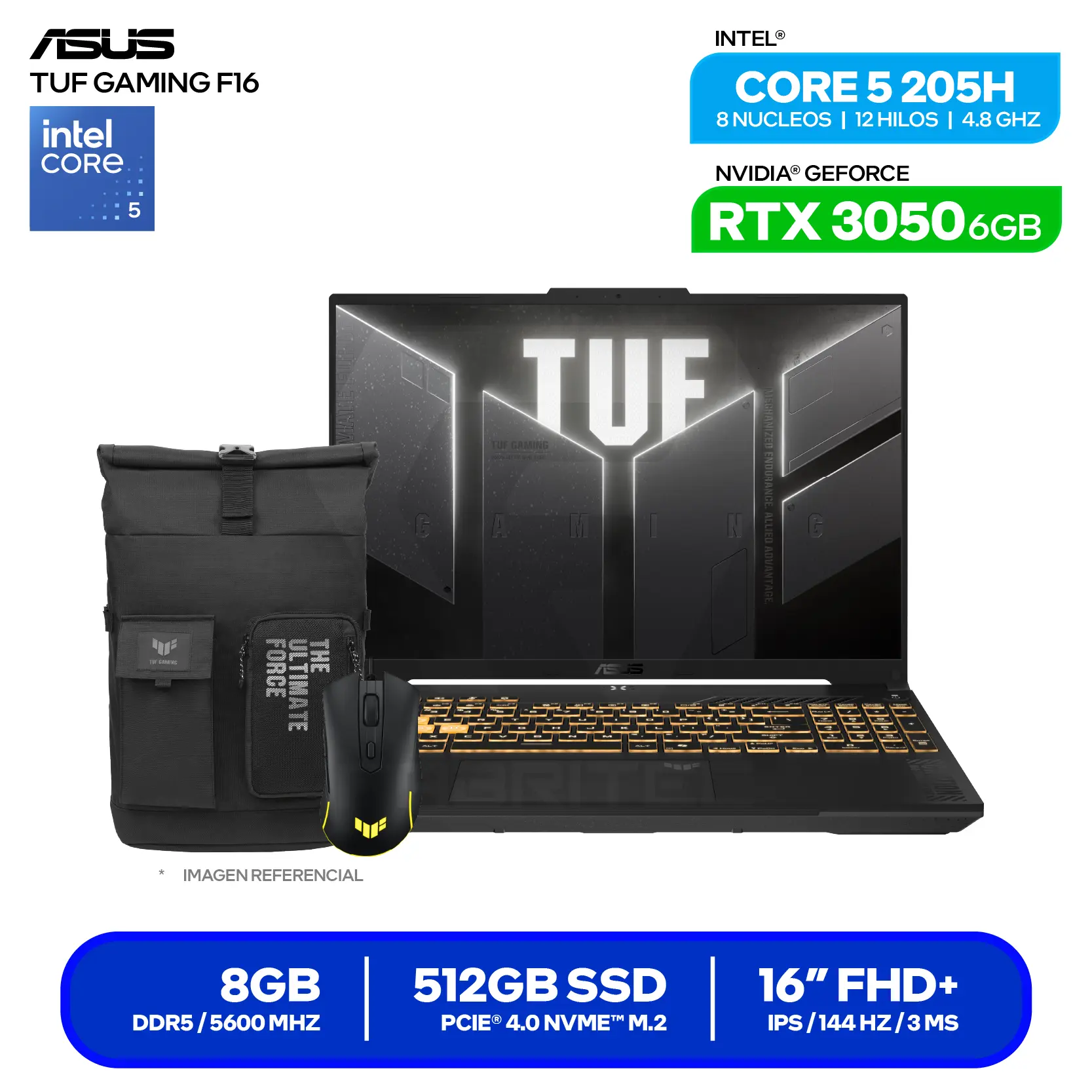 Laptop Asus Tuf Gaming F16 FX607VJR-TU315 (90NR0MZ6-M00K00) Intel Core 5 205H, GeForce RTX 3050 6GB, RAM 8GB, SSD 512GB, 16'' FHD+, FreeDos