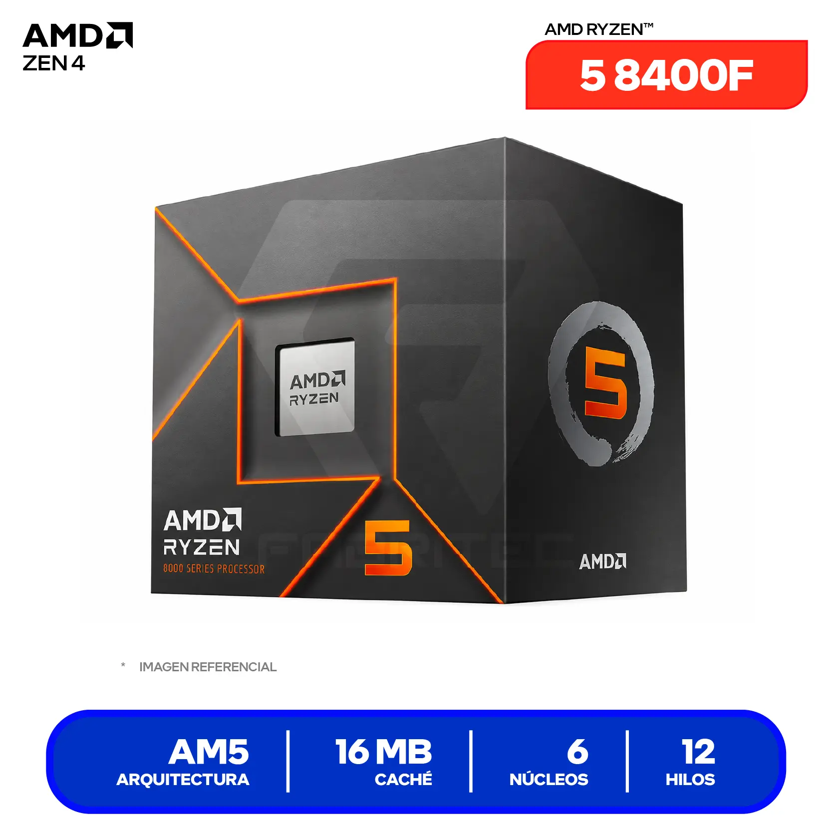 Procesador AMD Ryzen 5 8400F (100-100001591BOX), 4.2 GHz / 4.7 GHz, 6 Núcleos, AM5