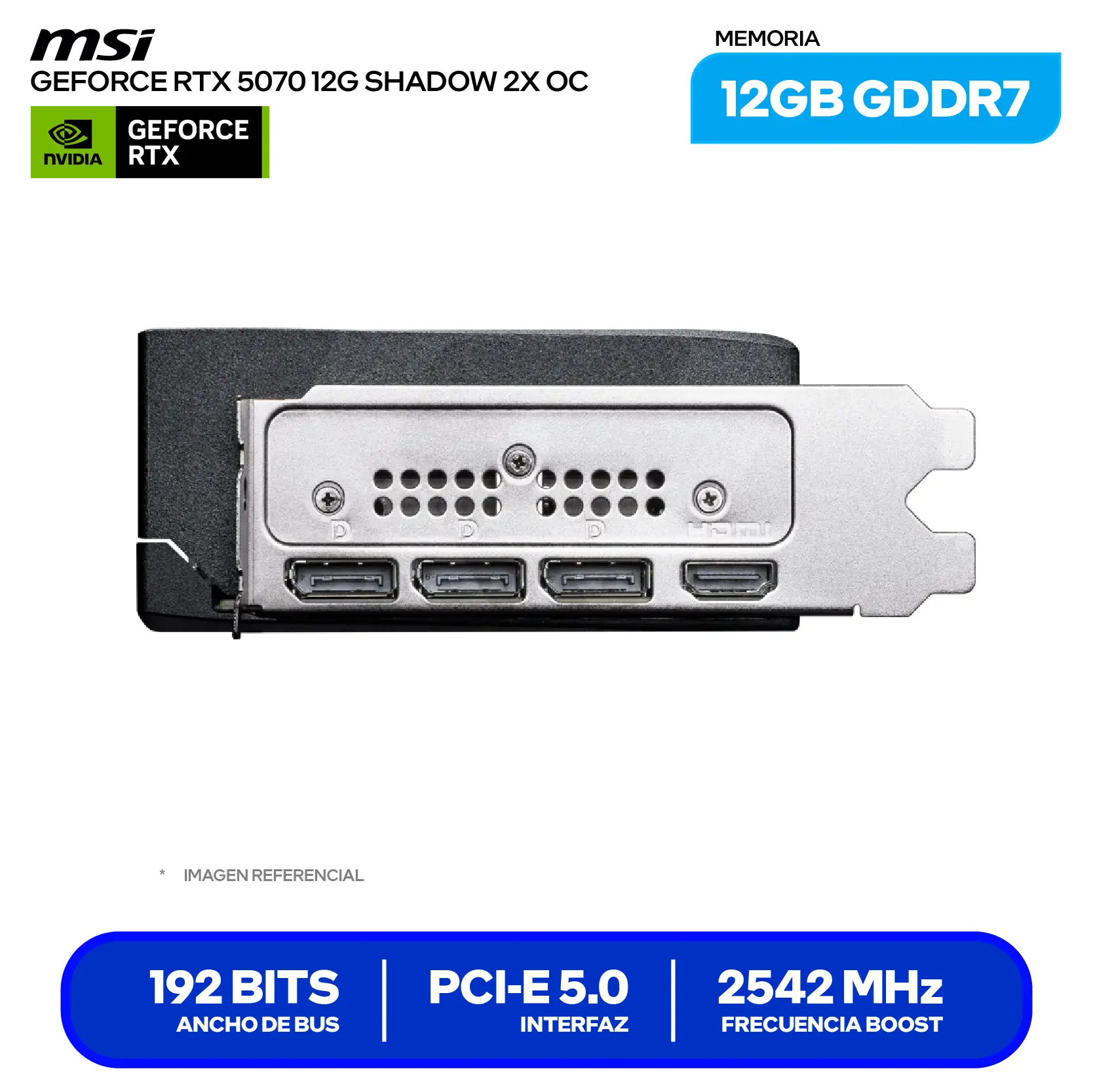 Tarjeta de video MSI GeForce RTX 5070 Shadow X2 OC 12GB (G5070-12S2C) GDDR7, 3x DisplayPort, 1x HDMI, 192 Bits