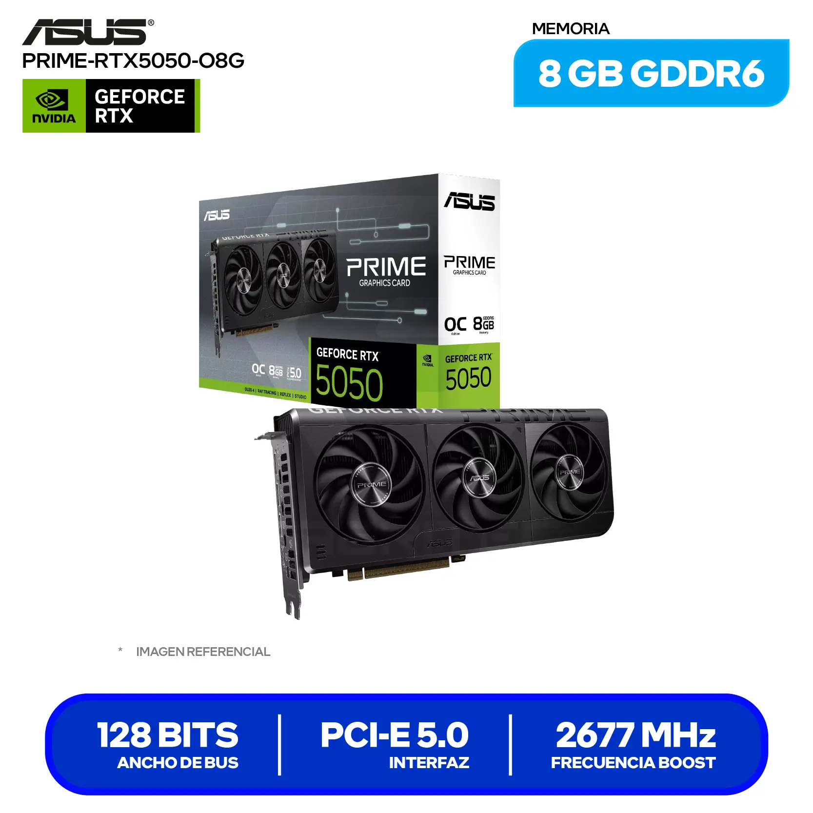 Tarjeta de video Asus Prime NVIDIA GeForce RTX 5050 8GB OC Edition (PRIME-RTX5050-O8G) GDDR6, 3x DisplayPort 2.1, 1x HDMI 2.1