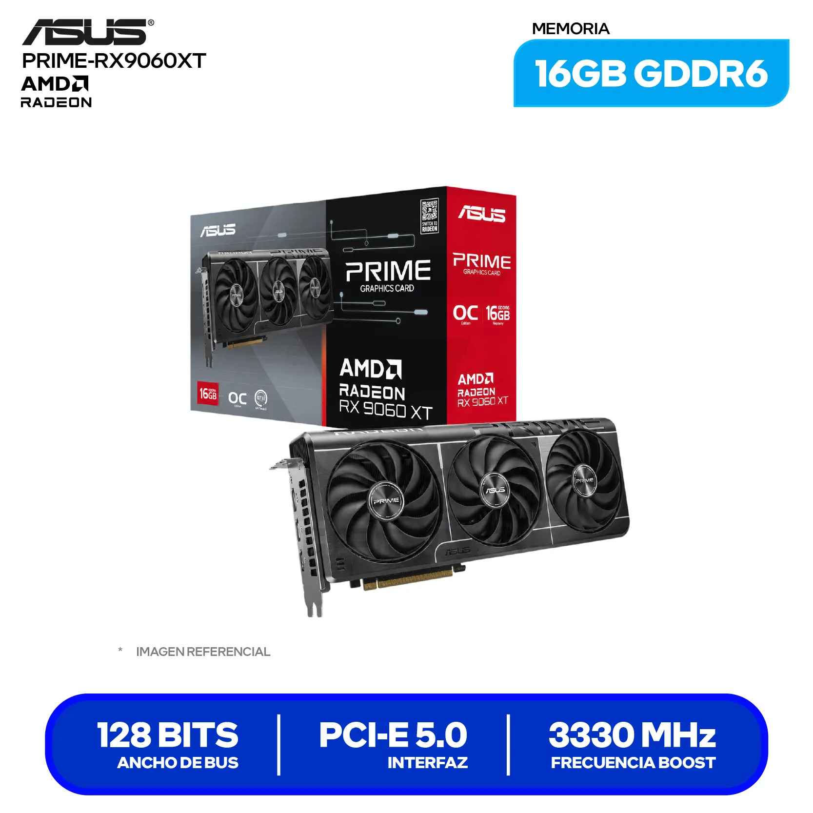 Tarjeta de video ASUS Prime Radeon RX 9060 XT OC 16GB (PRIME-RX9060XT-O16G) GDDR6, 2x DisplayPort 2.1, 1x HDMI 2.1