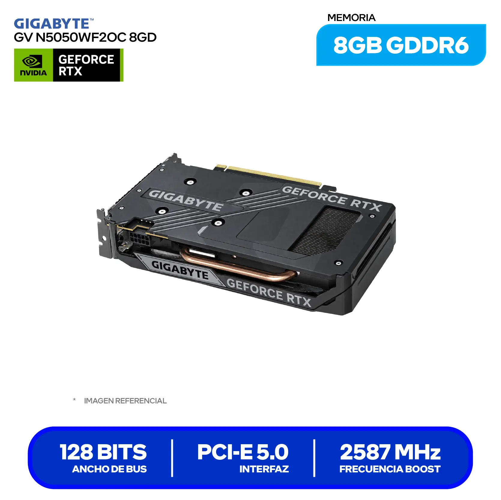 Tarjeta de video GIGABYTE NVIDIA GeForce RTX 5050 WINDFORCE OC 8GB (GV-N5050WF2OC-8GD) GDDR6, 2x DisplayPort 2.1, 2x HDMI 2.1