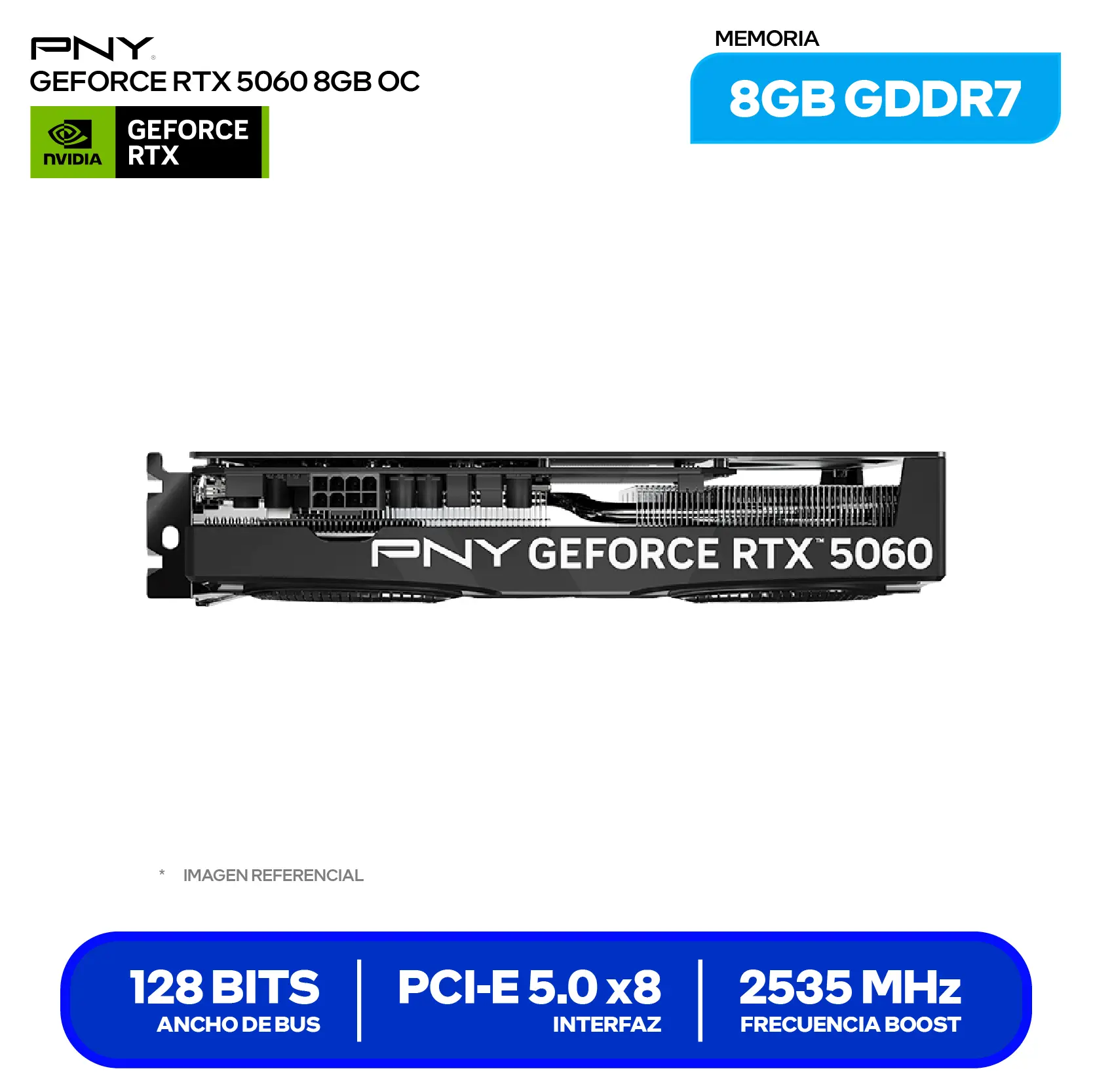 Tarjeta de video PNY GeForce NVIDIA RTX 5060 8GB OC (VCG50608DFXPB1-O) GDDR7, 3x DisplayPort 2.1, HDMI 2.1