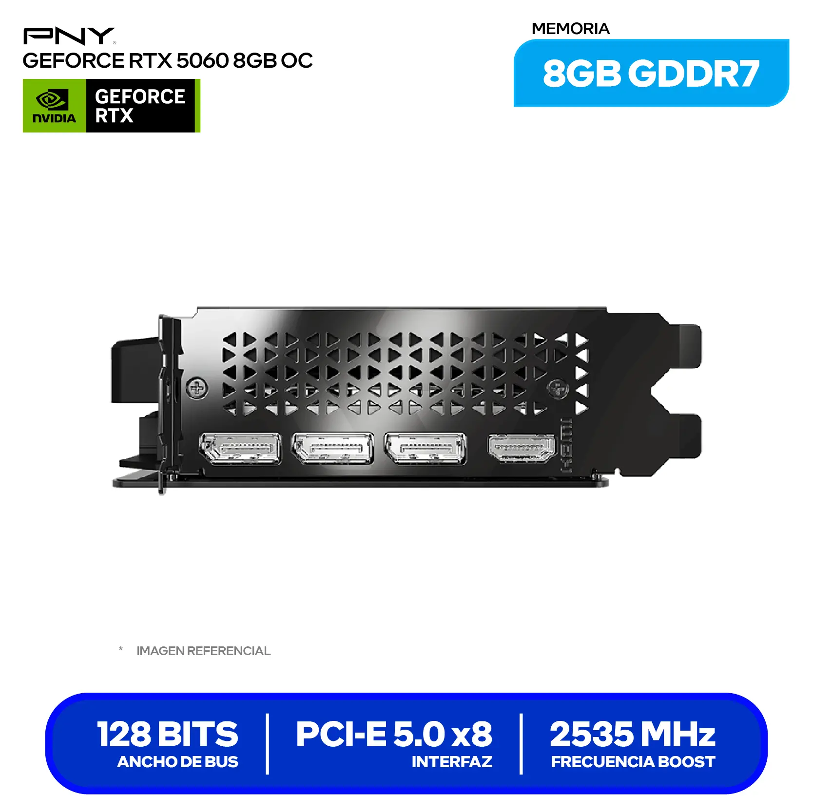Tarjeta de video PNY GeForce NVIDIA RTX 5060 8GB OC (VCG50608DFXPB1-O) GDDR7, 3x DisplayPort 2.1, HDMI 2.1