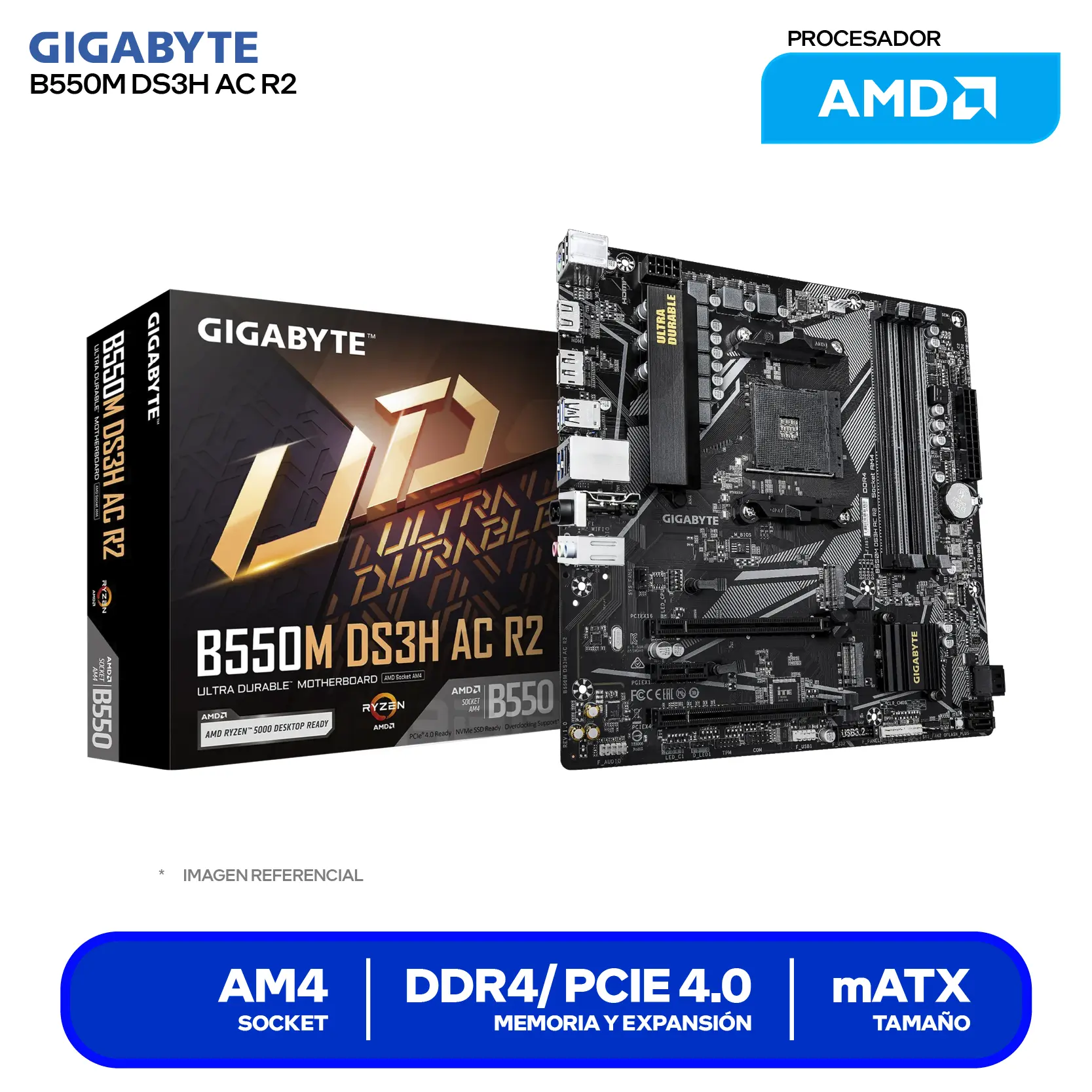 Placa madre Gigabyte B550M DS3H AC R2 AM4 (B550M DS3H AC R2) DDR4, Micro-ATX, Wi-Fi