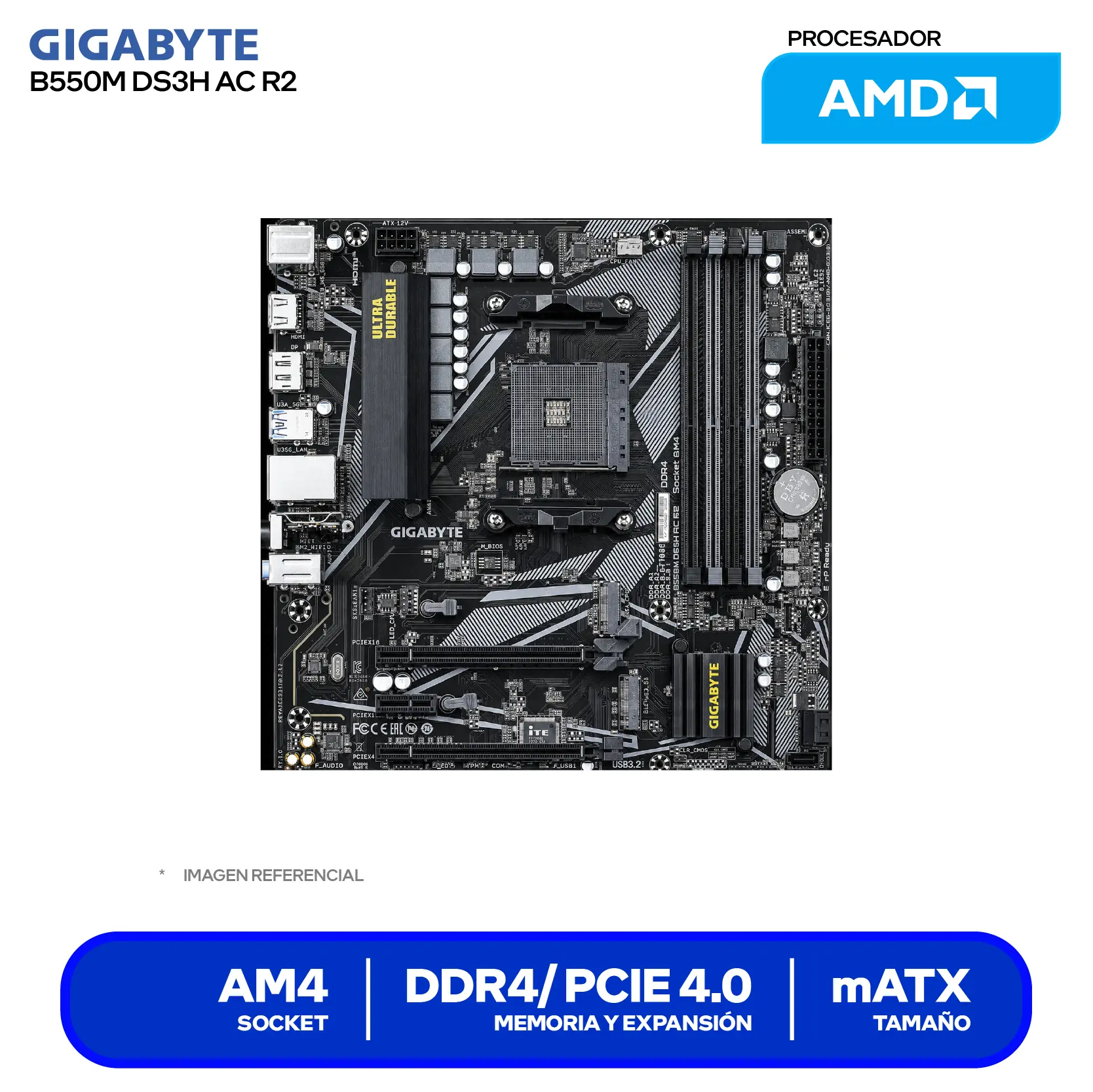 Placa madre Gigabyte B550M DS3H AC R2 AM4 (B550M DS3H AC R2) DDR4, Micro-ATX, Wi-Fi