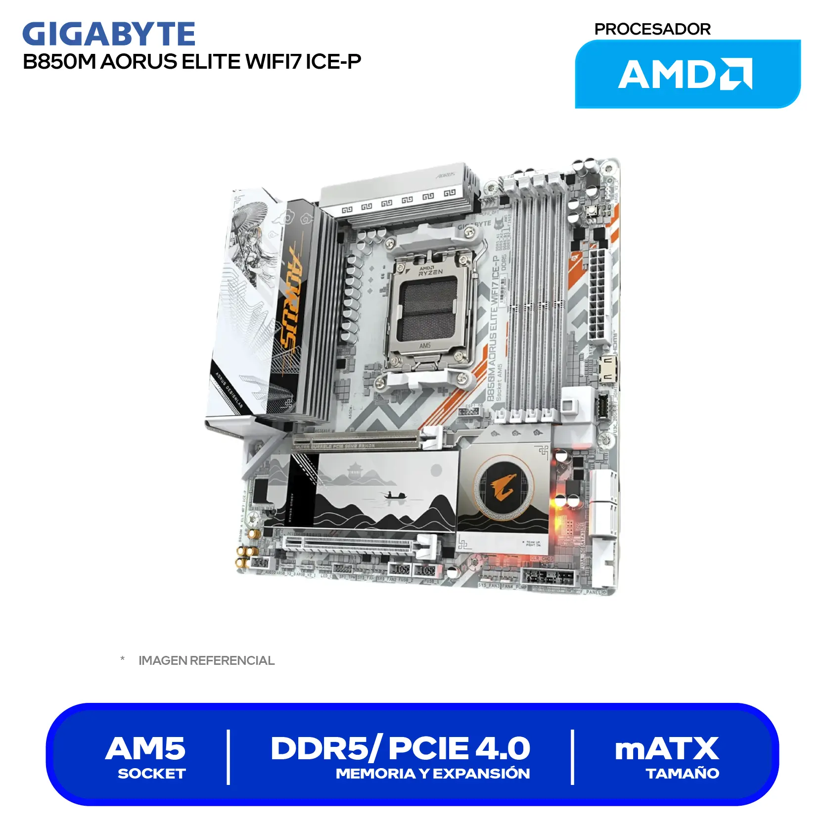 Placa madre Gigabyte B850M Aorus Elite WiFi7 ICE-P AM5 (9MB85ME7P-00-G11) DDR5, Micro-ATX, Wi-Fi 7