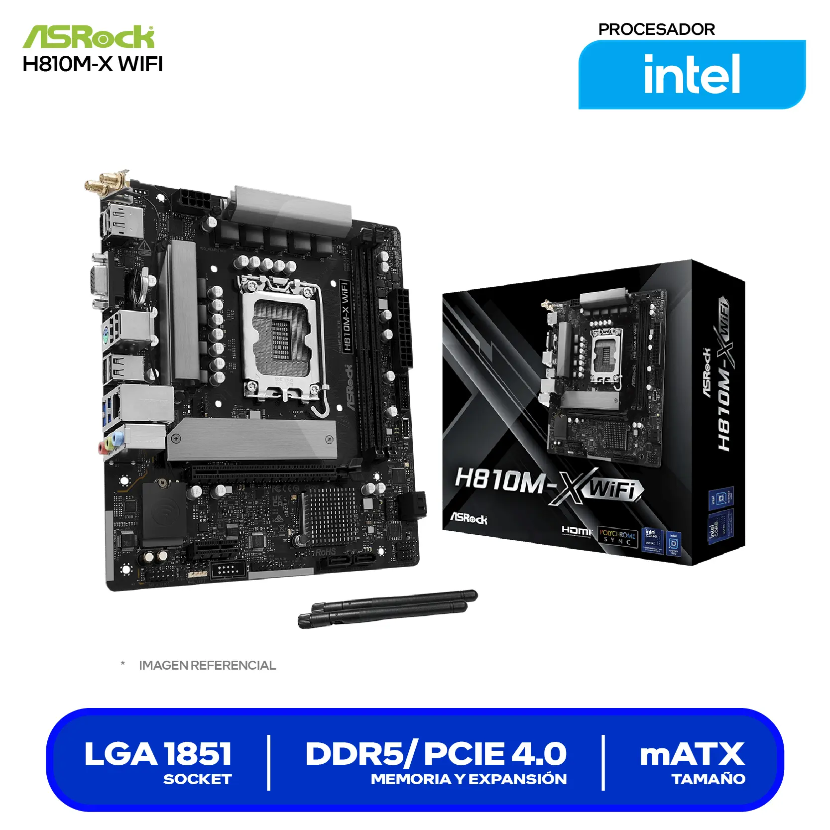 Placa Madre ASRock H810M-X WIFI LGA1851 (90-MXBS60-A0UAYAZ) DDR5, Micro-ATX
