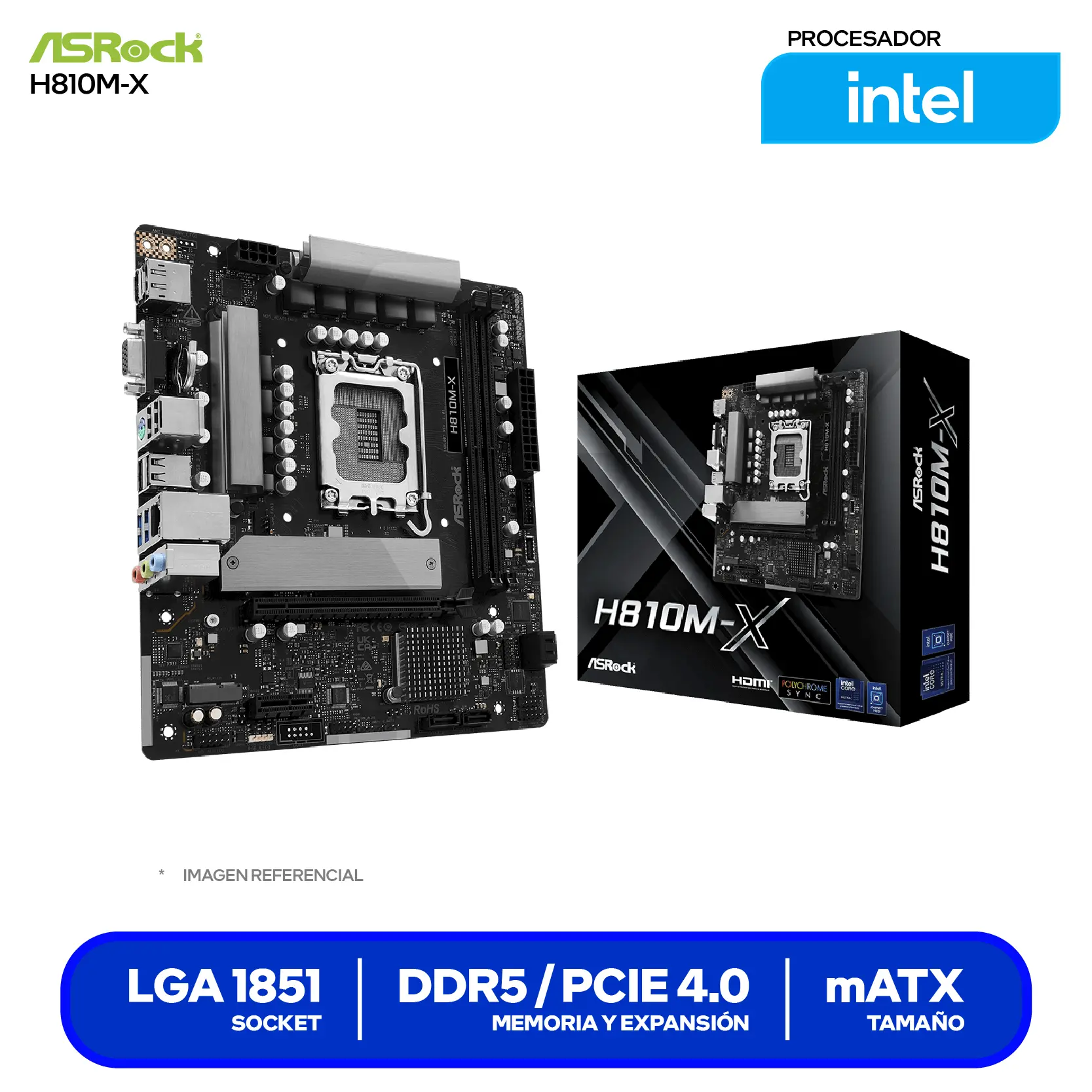 Placa Madre ASRock H810M-X LGA1851 (90-MXBS40-A0UAYAZ) DDR5, Micro-ATX