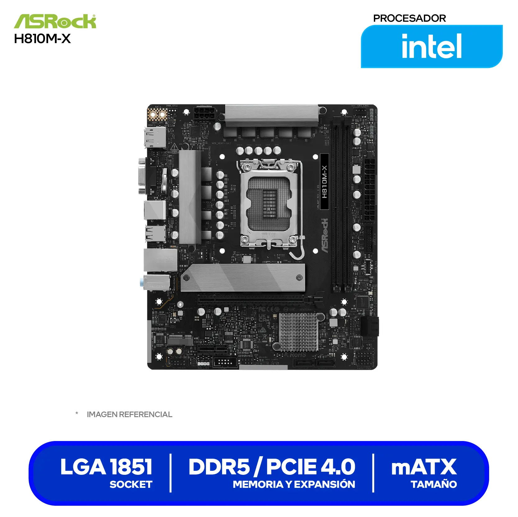 Placa Madre ASRock H810M-X LGA1851 (90-MXBS40-A0UAYAZ) DDR5, Micro-ATX