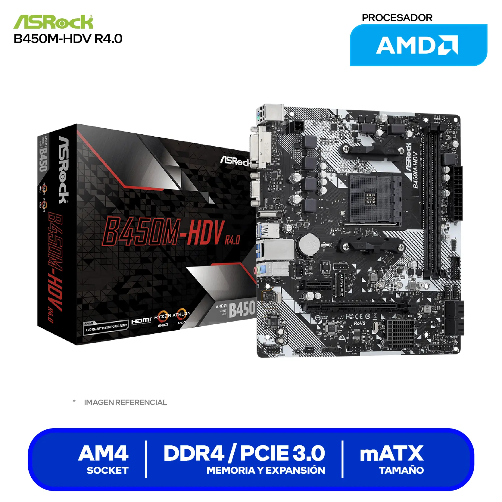 Placa Madre ASRock B450M-HDV R4.0 (90-MXB9N0-A0UAYZ) AM4, DDR4, mATX