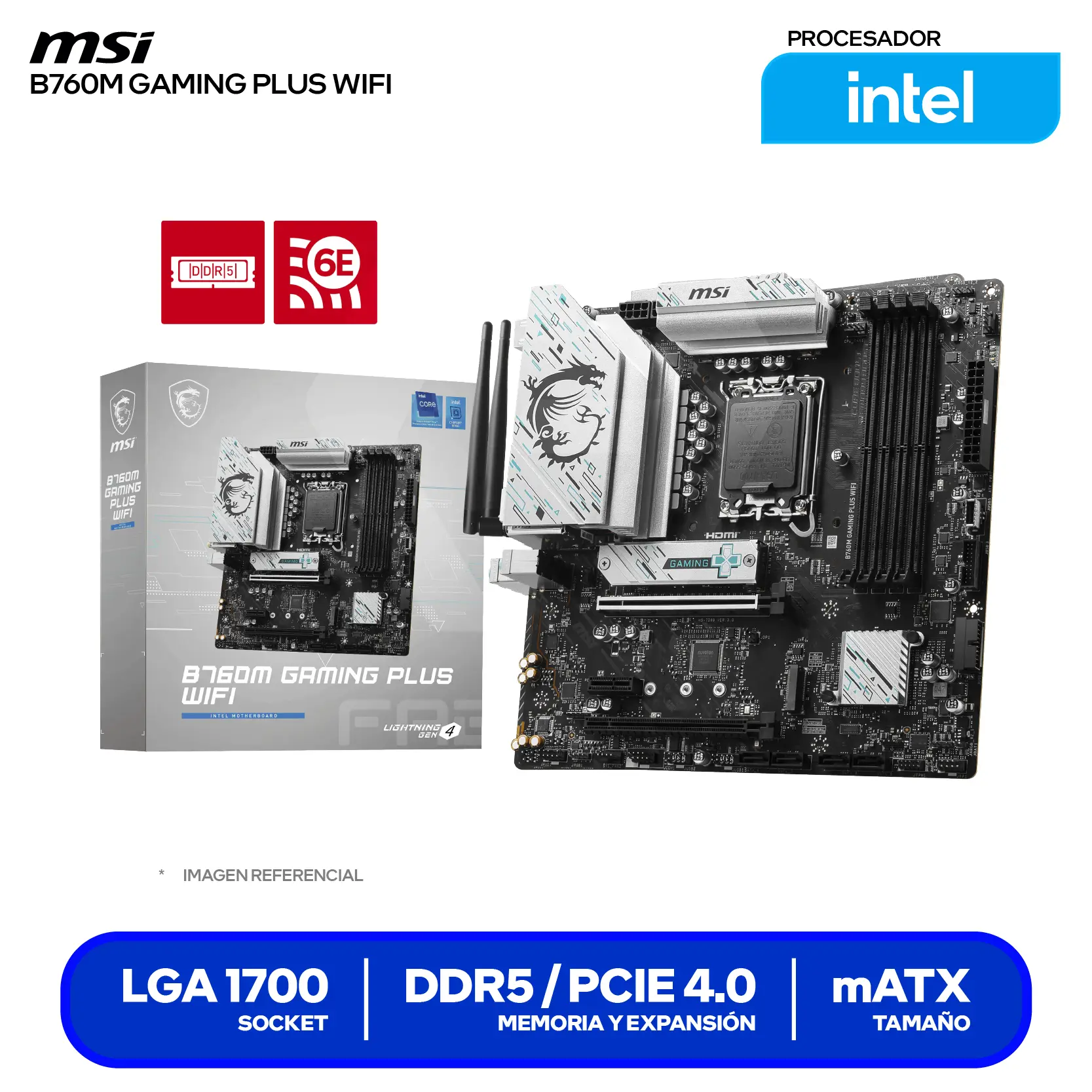 Placa Madre MSI B760M Gaming Plus WiFi (B760M GAMING PLUS WIFI) LGA1700, DDR5, mATX, Wi-Fi 6E