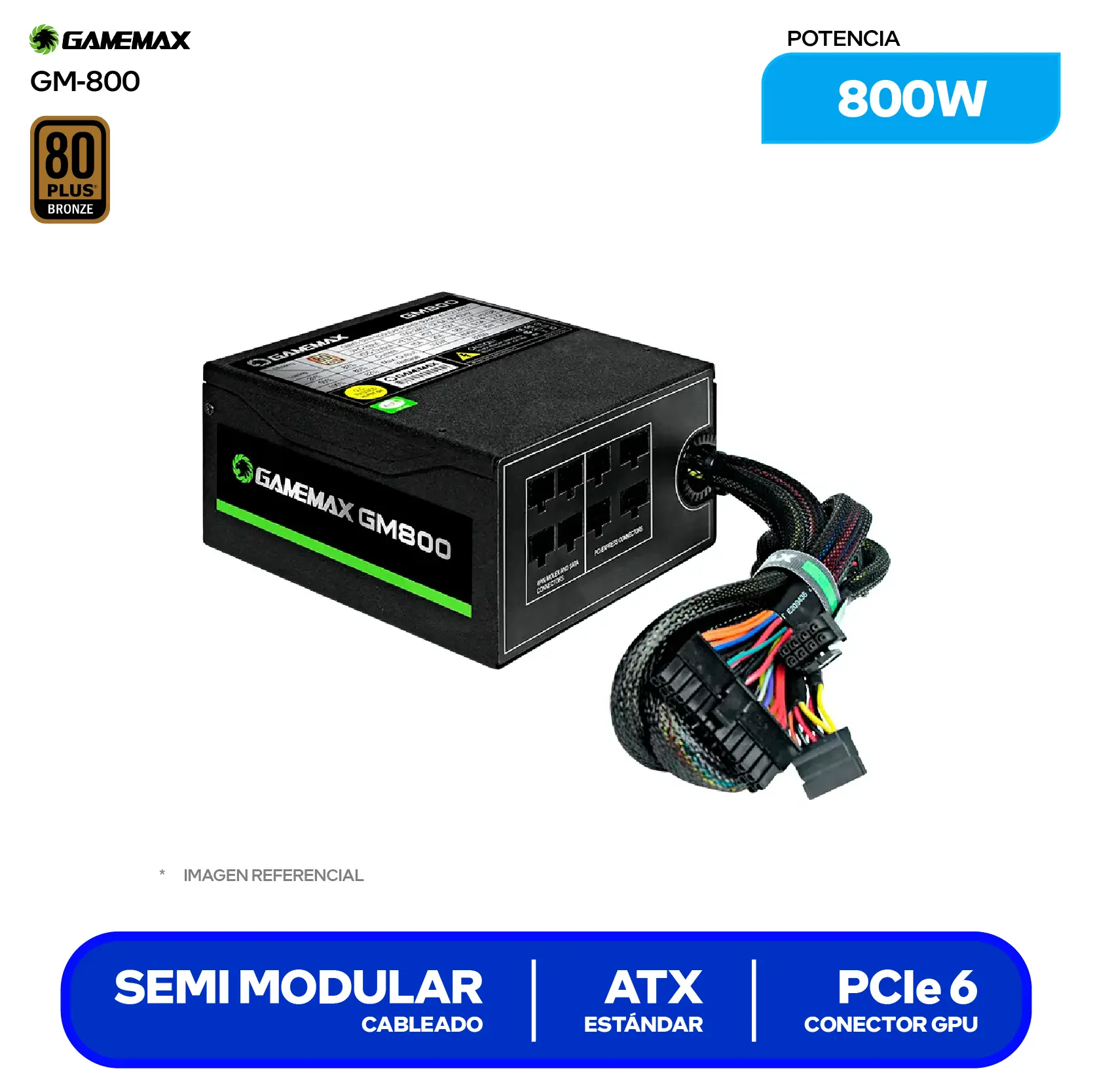 Fuente de Poder Gamemax 800W (GM-800) 80 Plus Bronze, Semi Modular
