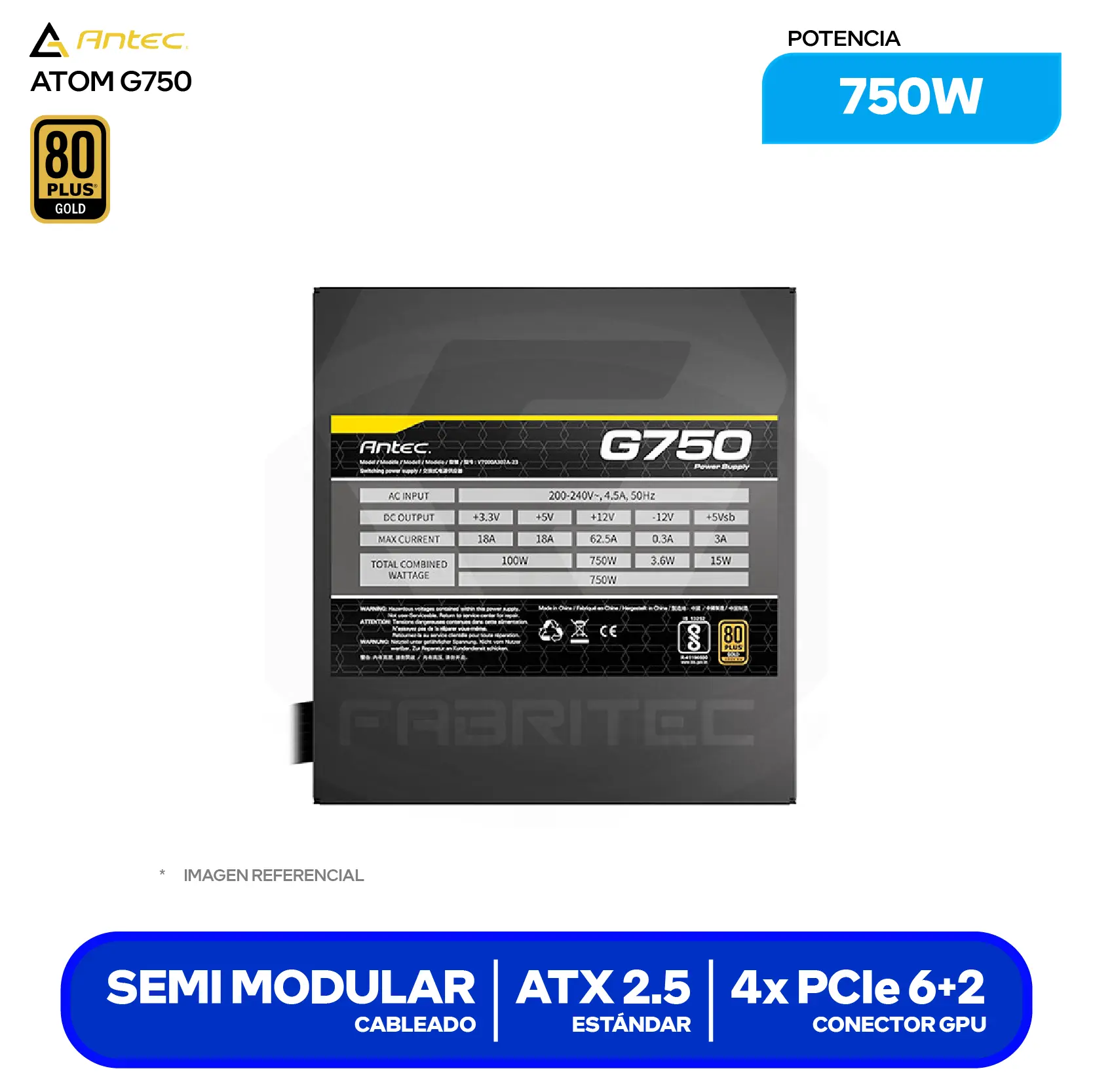 Fuente de Poder Antec Atom G750 750W (ATOM G750 EC) 80 Plus Gold, Semi Modular