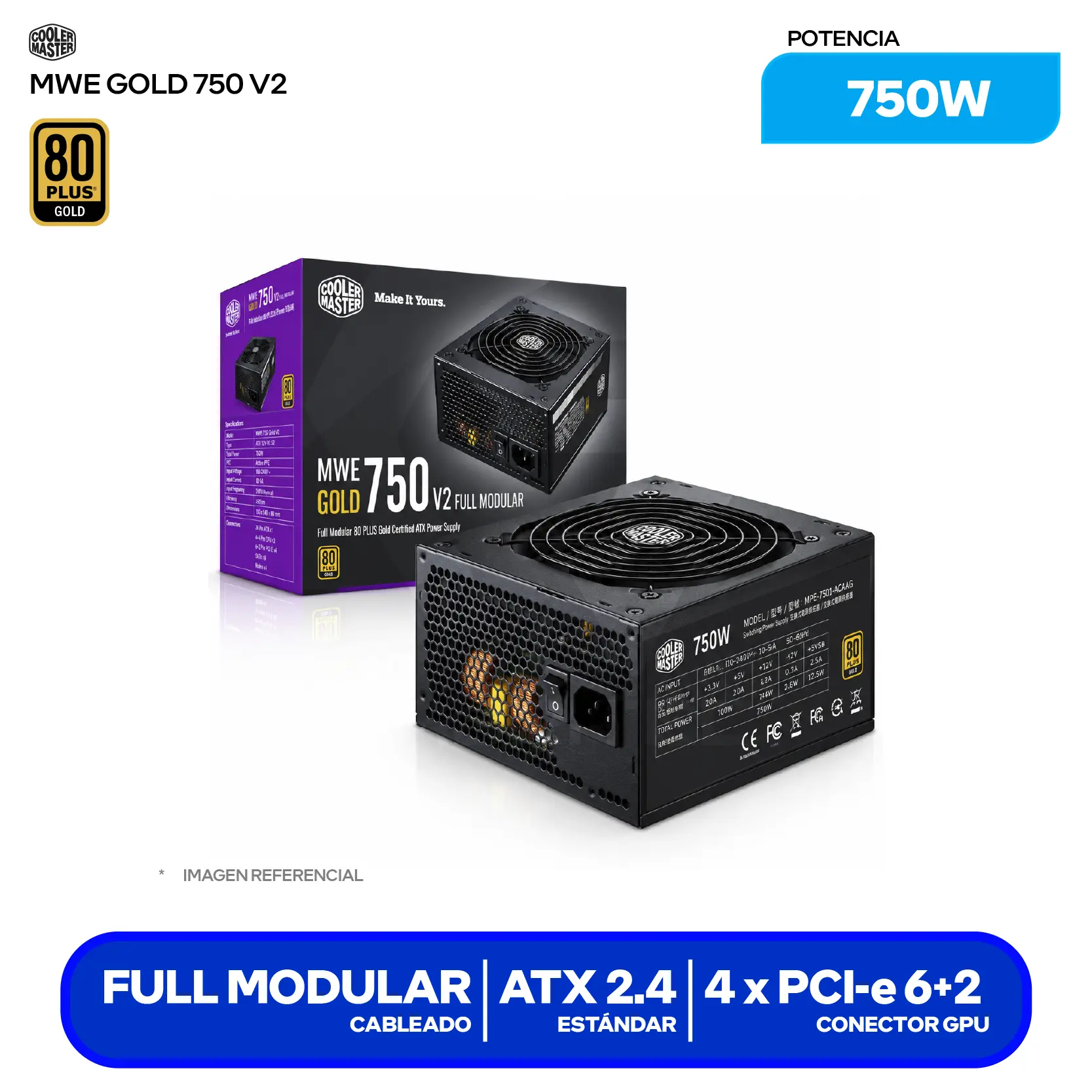 Fuente de Poder Cooler Master MWE Gold 750 V2 750W (MPE-7501-AFAAG-U2) 80 Plus Gold, Full Modular
