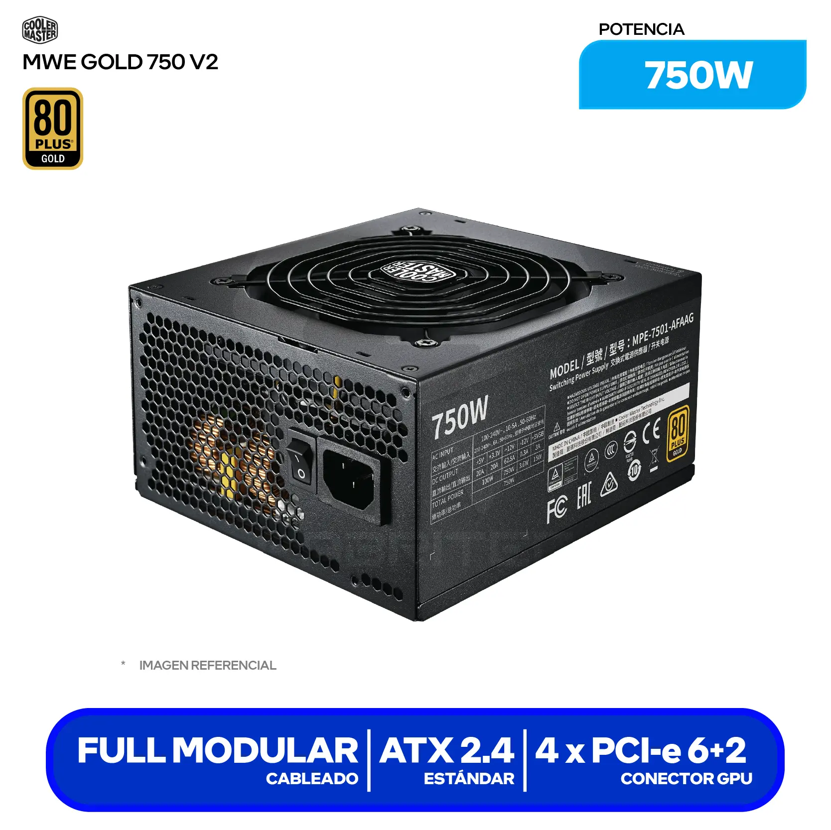 Fuente de Poder Cooler Master MWE Gold 750 V2 750W (MPE-7501-AFAAG-U2) 80 Plus Gold, Full Modular