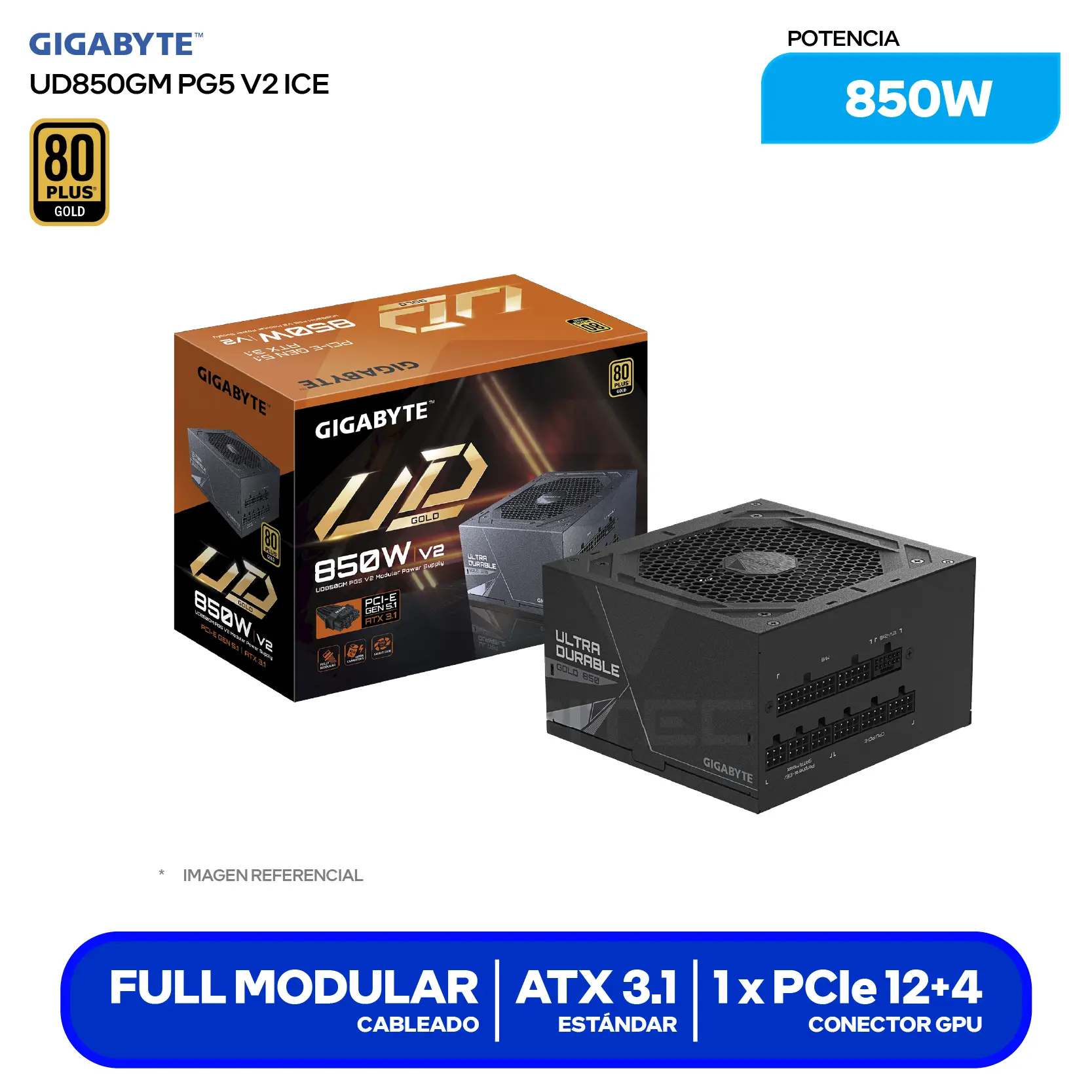 Fuente de Poder Gigabyte UD850GM PG5 V2 850W (28200-U85GB-1CUSR) 80 Plus Gold, Full Modular