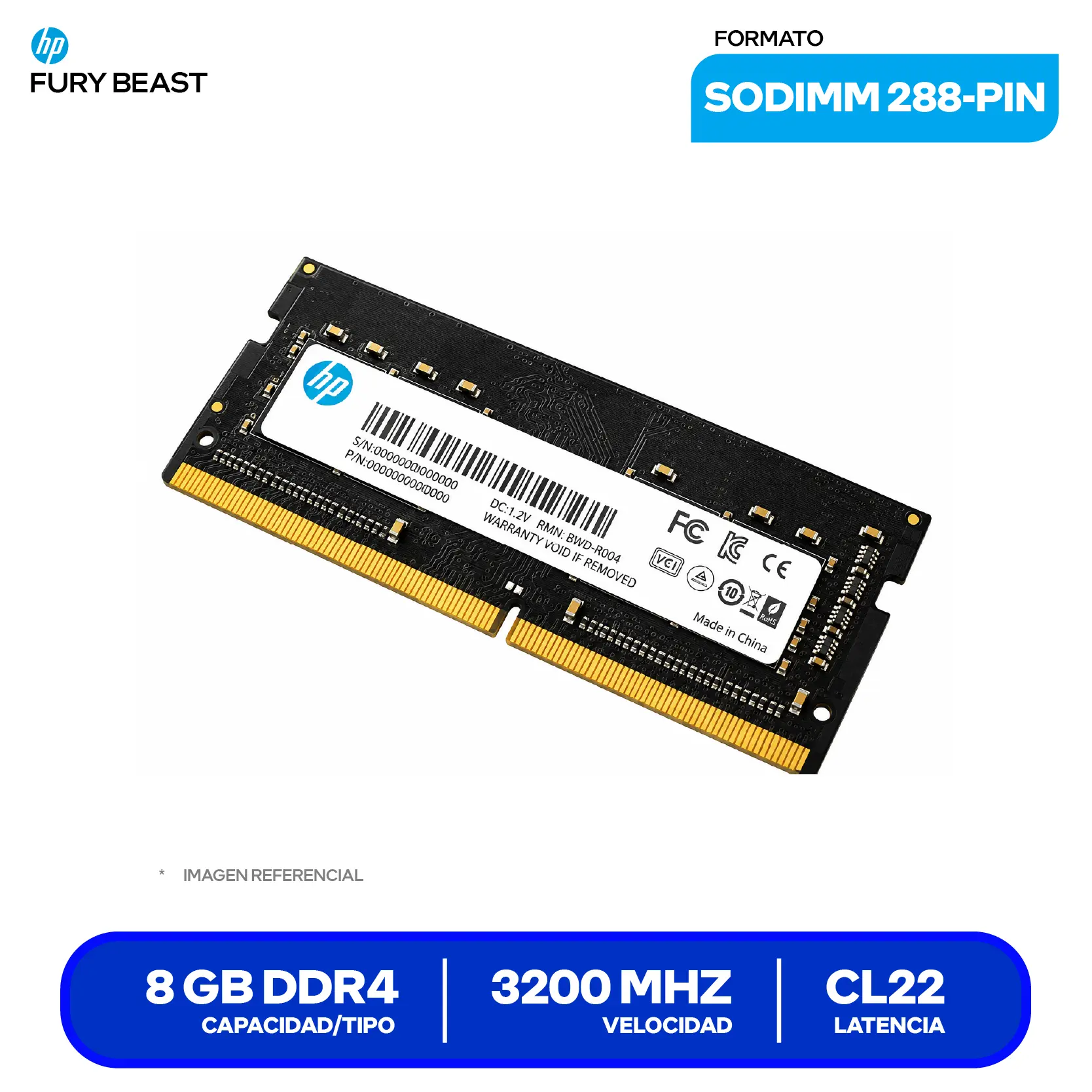 Memoria SO-DIMM HP S1 Series (2E2M5AA#ABB) 8GB, DDR4, 3200 MHz
