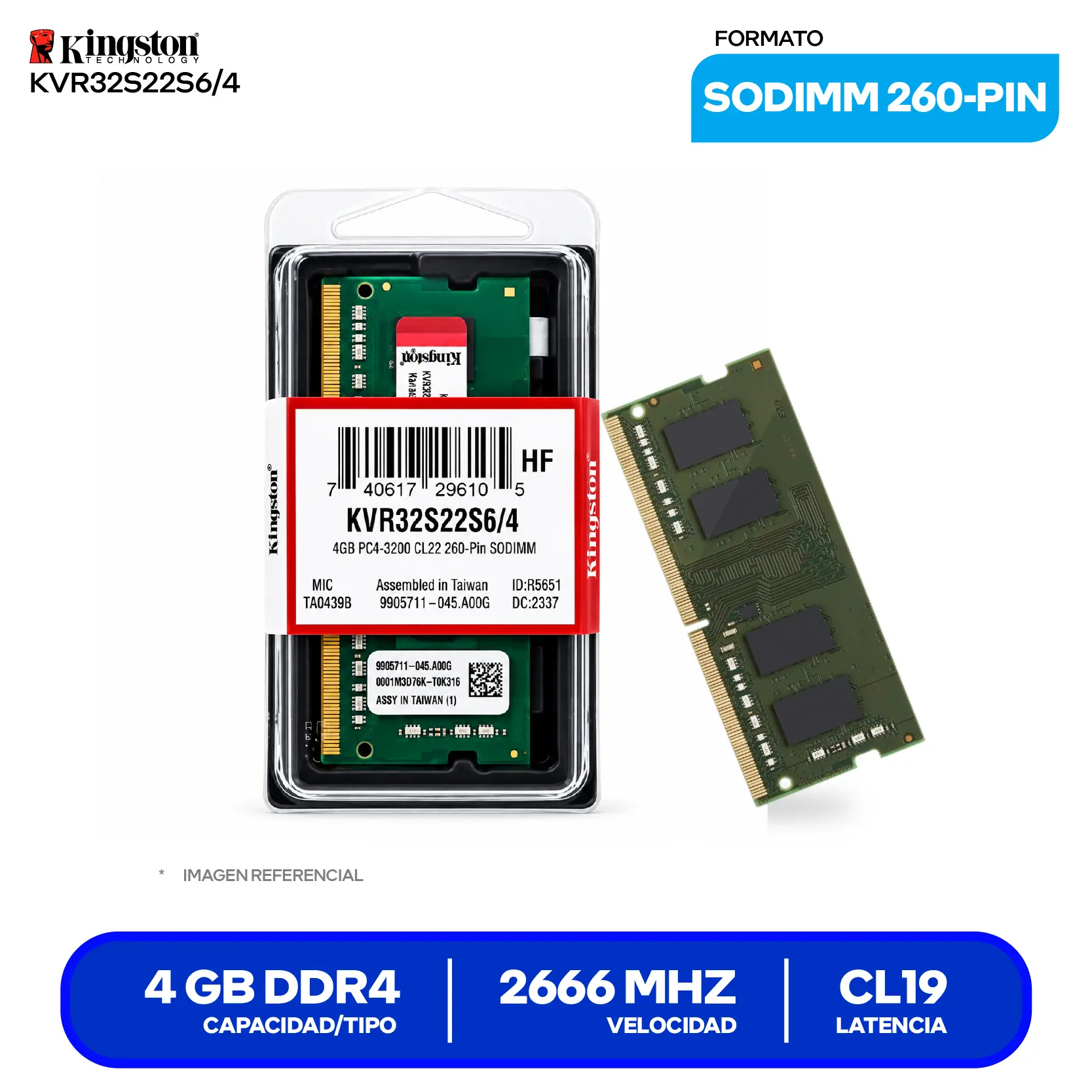 Memoria SO-DIMM Kingston ValueRAM (KVR32S22S6/4) 4GB, DDR4, 3200 MHz