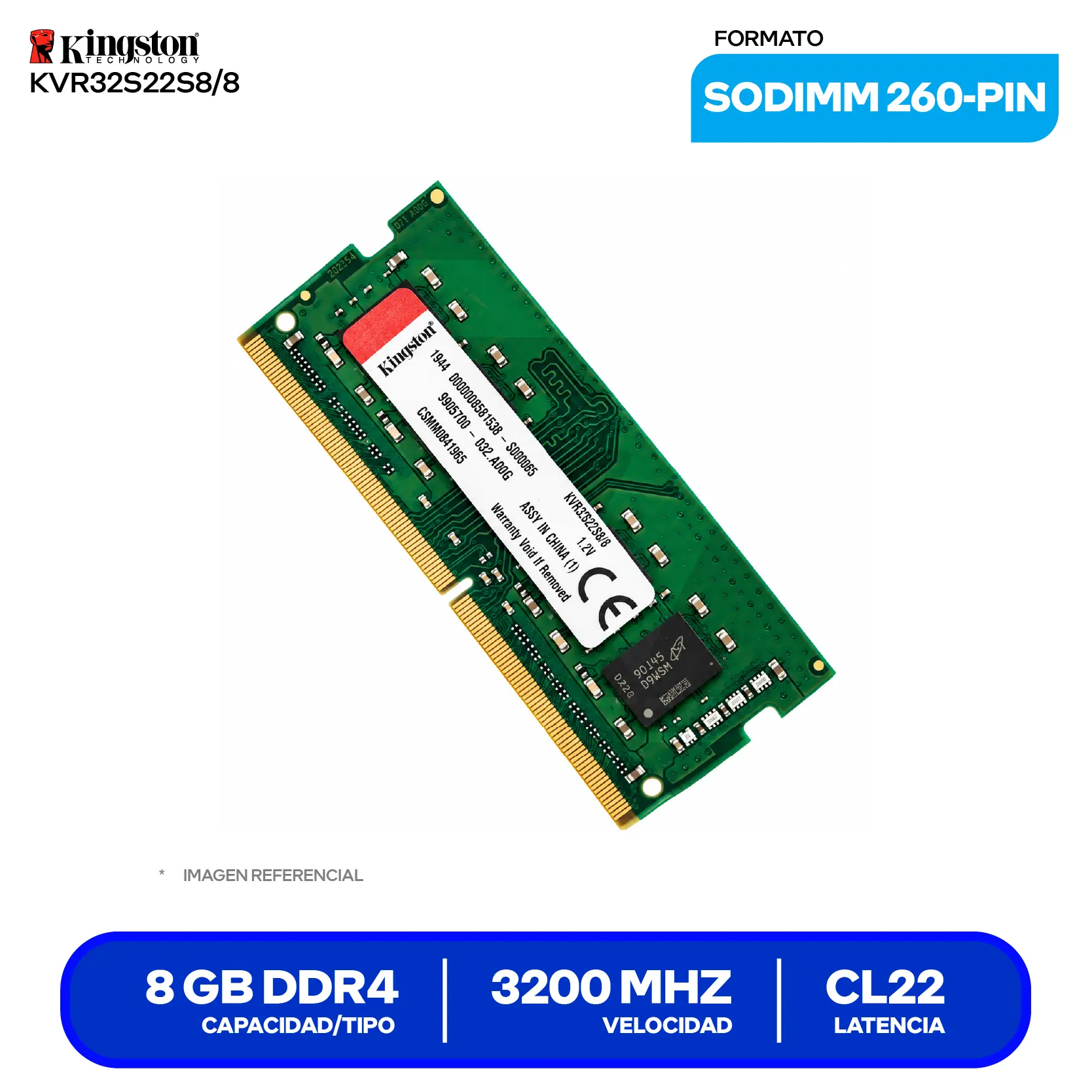 Memoria SO-DIMM Kingston ValueRAM (KVR32S22S8/8) 8GB, DDR4, 3200 MHz