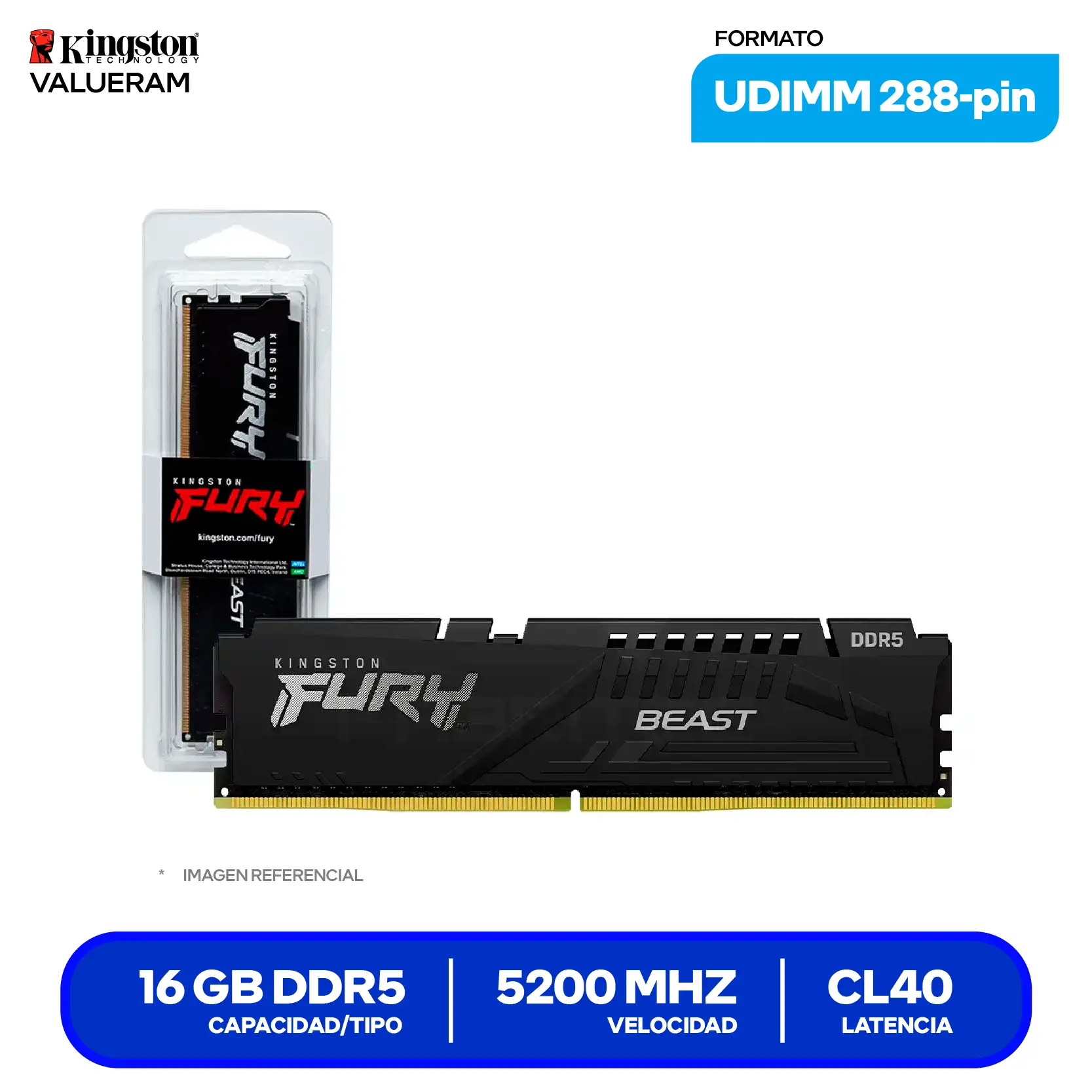 Memoria DIMM Kingston Fury Beast (KF552C40BB-16) 16GB, DDR5, 5200 MHz