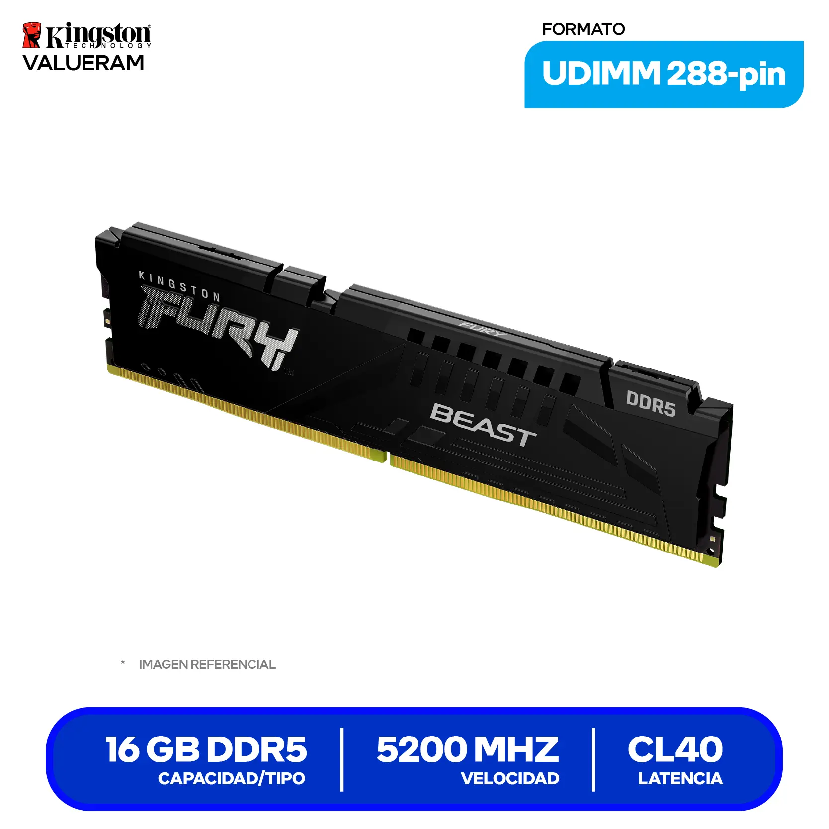 Memoria DIMM Kingston Fury Beast (KF552C40BB-16) 16GB, DDR5, 5200 MHz