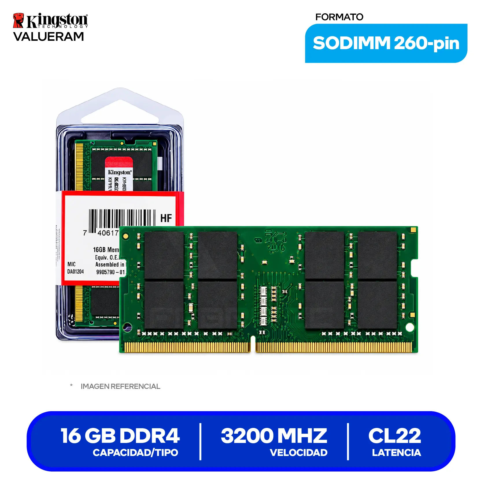 Memoria SO-DIMM Kingston ValueRAM (KVR32S22D8/16WP) 16GB, DDR4, 3200 MHz