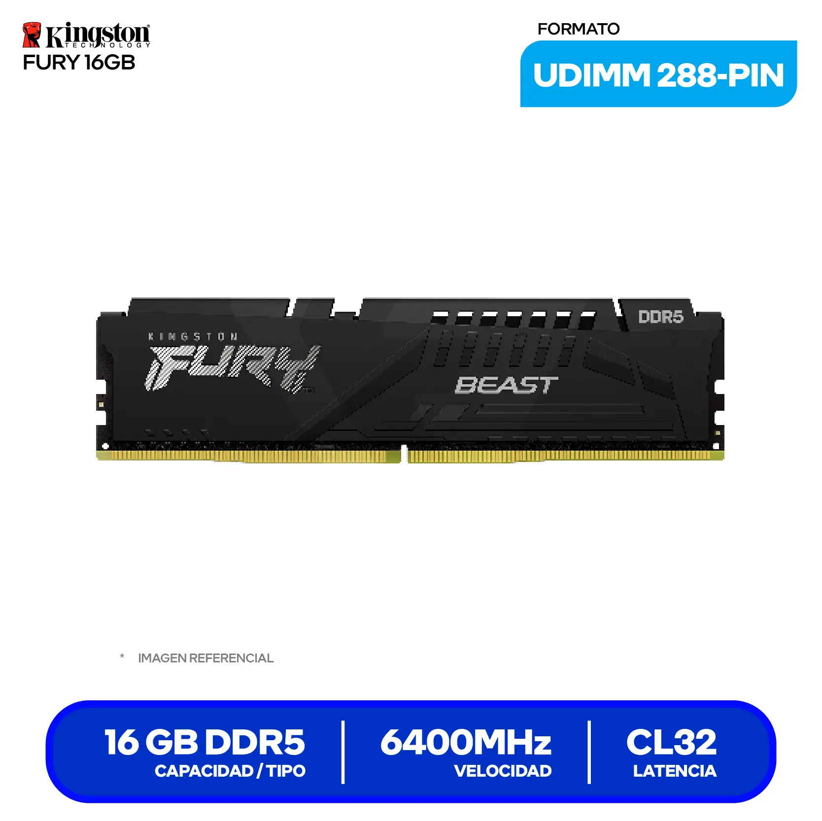 Memoria DIMM Kingston Fury Beast (KF564C32BBE-16) 16GB, DDR5, 6400 MHz