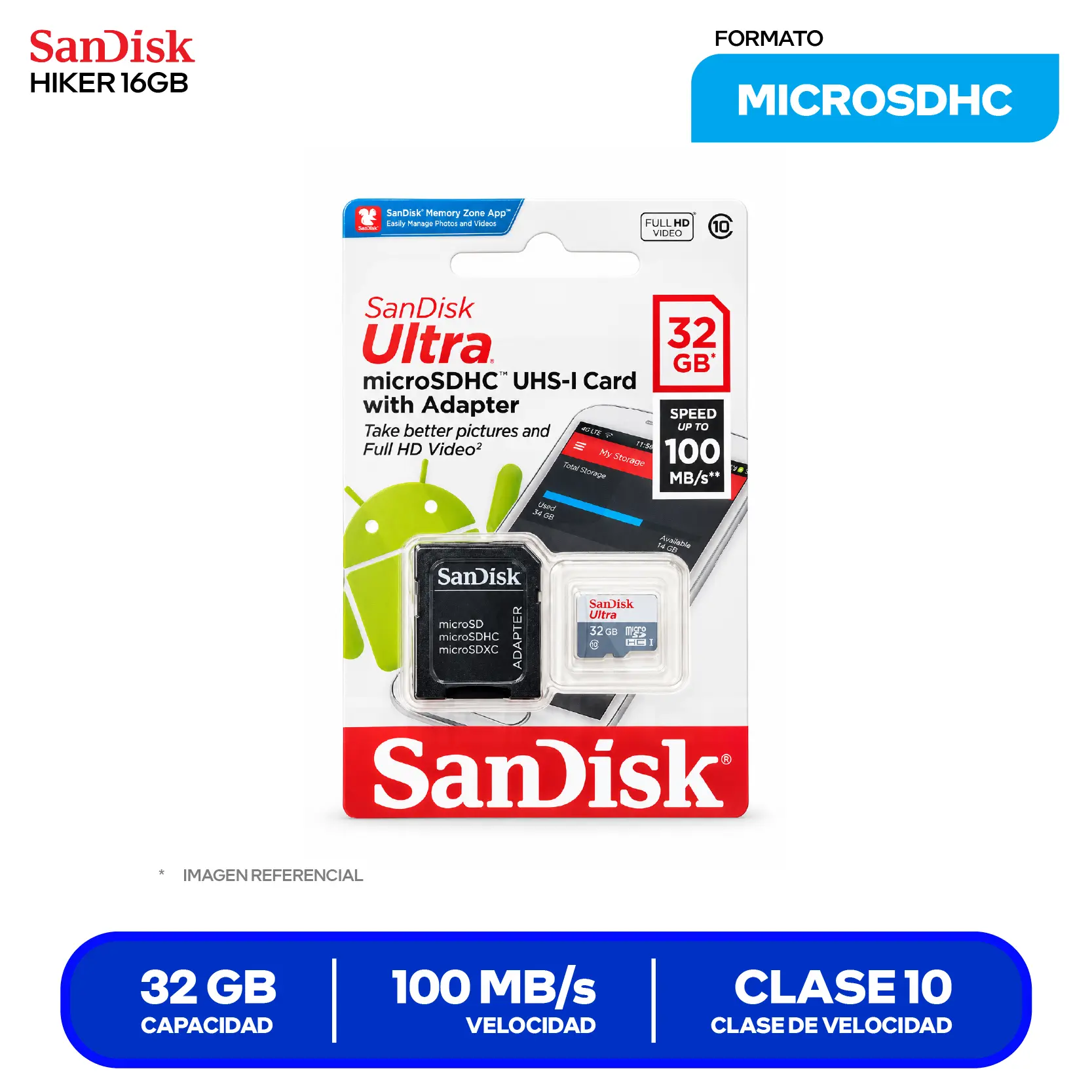 Memoria MicroSD SanDisk Ultra (SDSQUNR-032G-GN3MA) 32GB, Clase 10