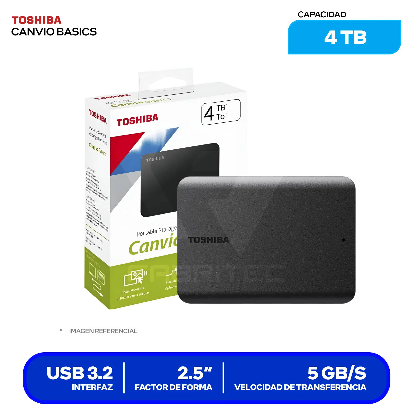 Disco Duro Externo Toshiba Canvio Basics 4TB (HDTB540XK3CA) USB 3.0, 2.5"